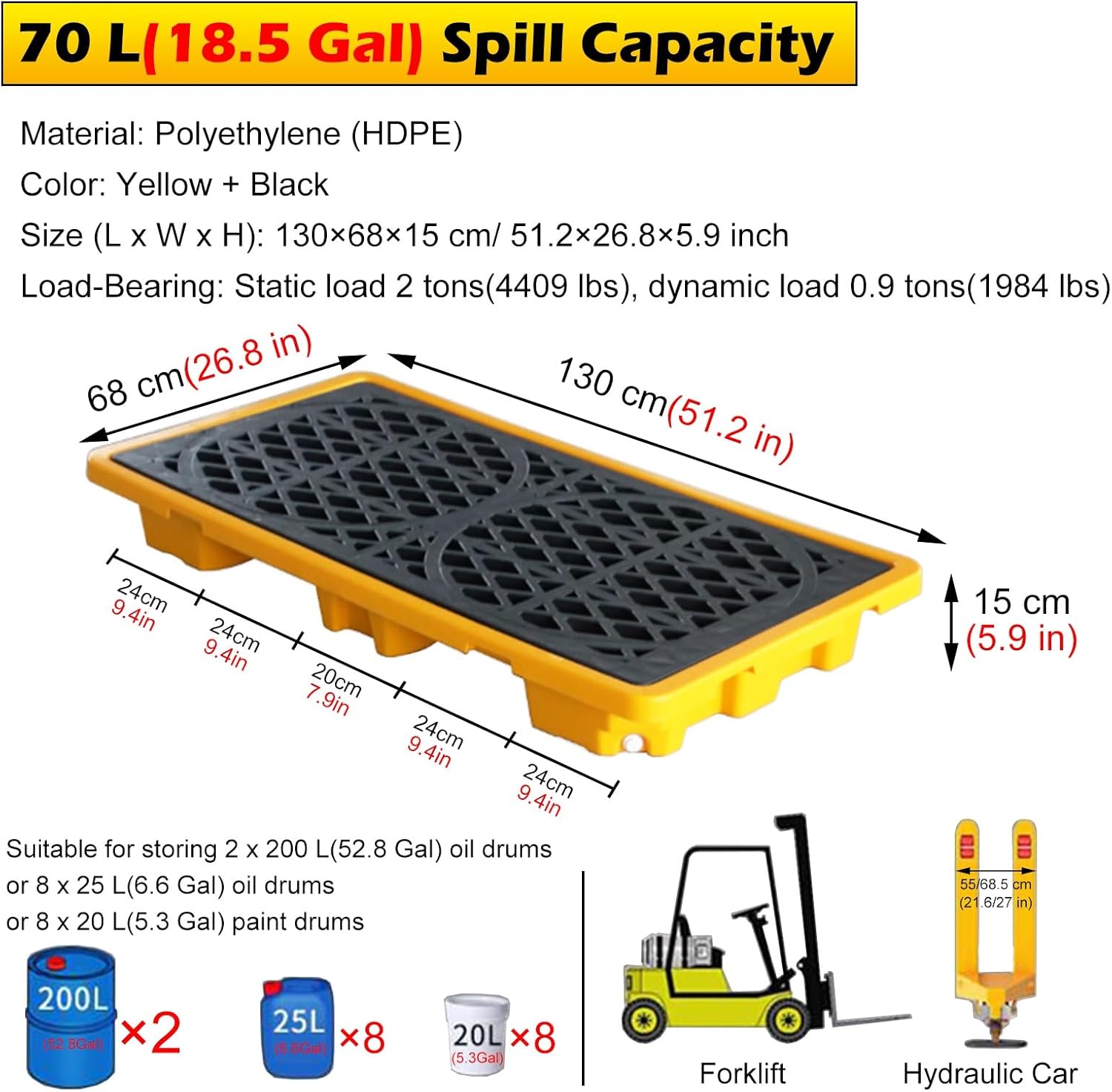 Stackable Spill Containment Platform, Industrial Safety Plastic Pallets with Drain Outlet for Warehouse, Garage, and Basement Storage - Modular Design (130x68x15cm / 51.2x26.8x5.9in)