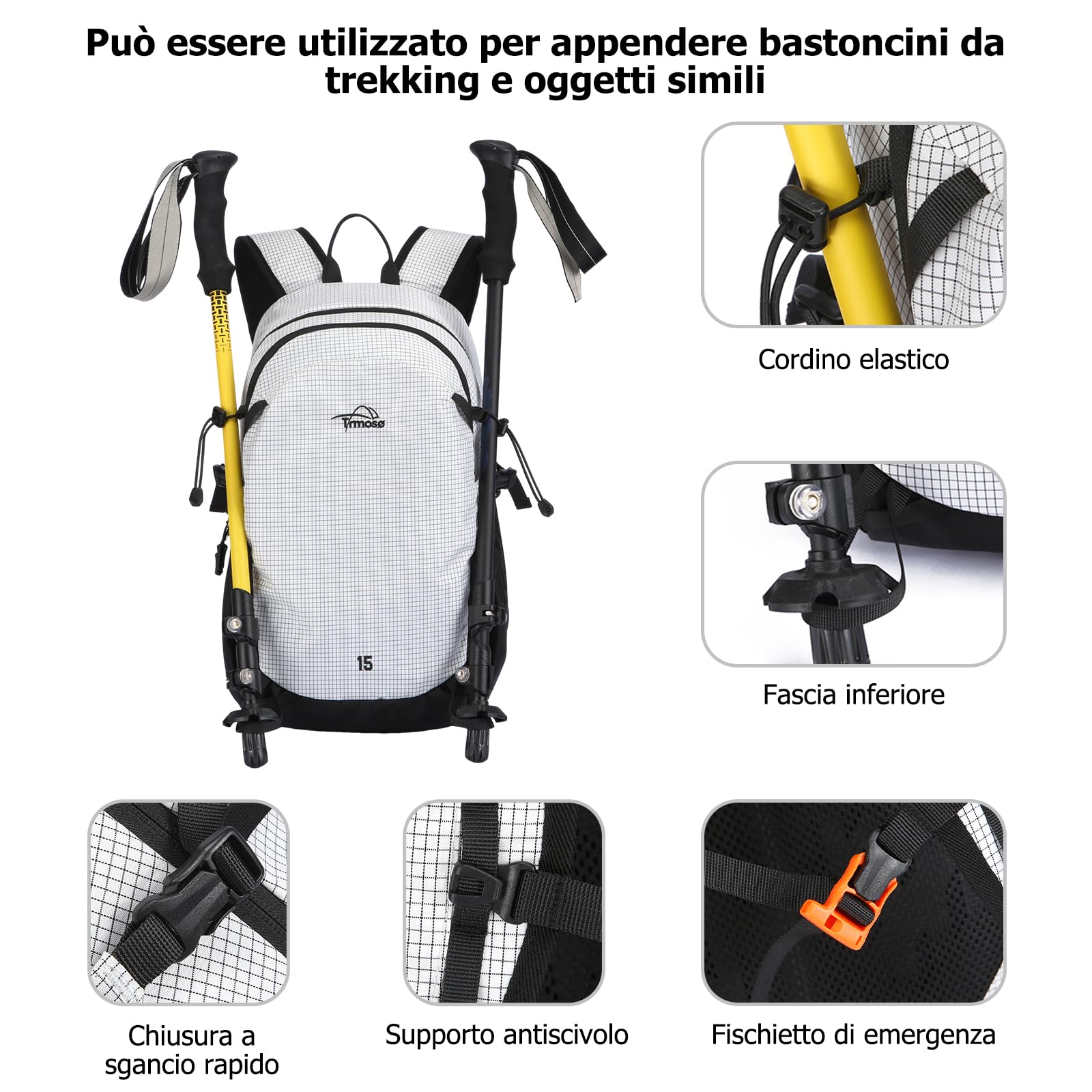 15L Zaino da Escursionismo Leggero Zaino Outdoor Traspirante in Nylon Multitasche Zaini per Campeggio Viaggi Uso Quotidiano Nero