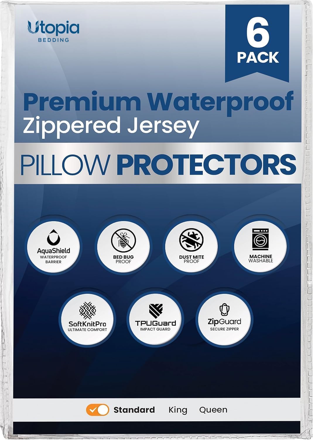 Set of 6 Pillow Protectors with Zipper Standard Size, Pillow Covers