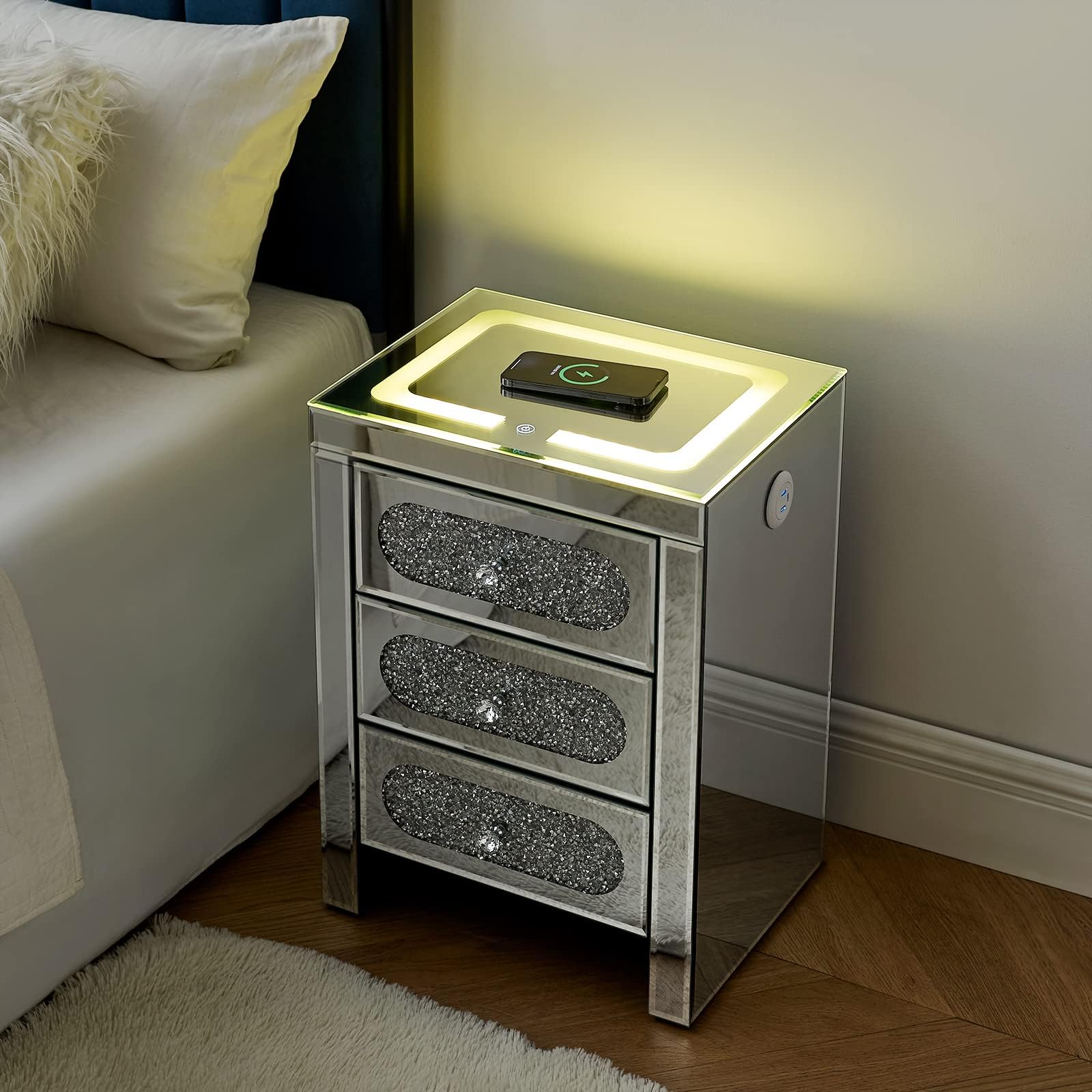IKIFLY Mirrored End Table with LED Lasagna Lights, Modern