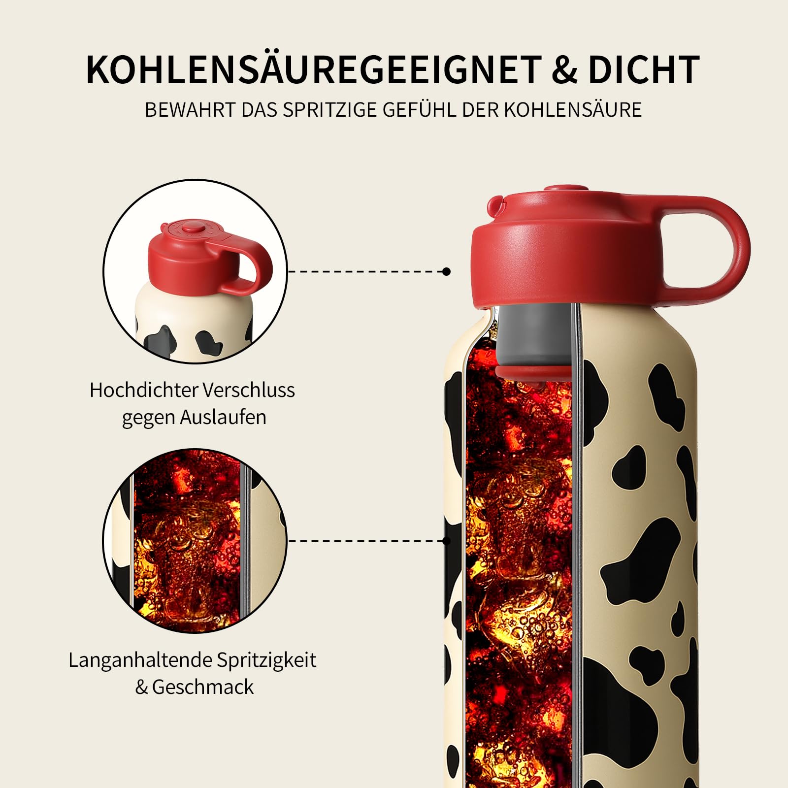 BOTTLE BOTTLE Borraccia in acciaio inox, 600 ml, thermos per bevande gassate, senza BPA, a prova di perdite, con maniglia per il trasporto, ideale per acqua frizzante, sport, scuola e viaggi (motivo