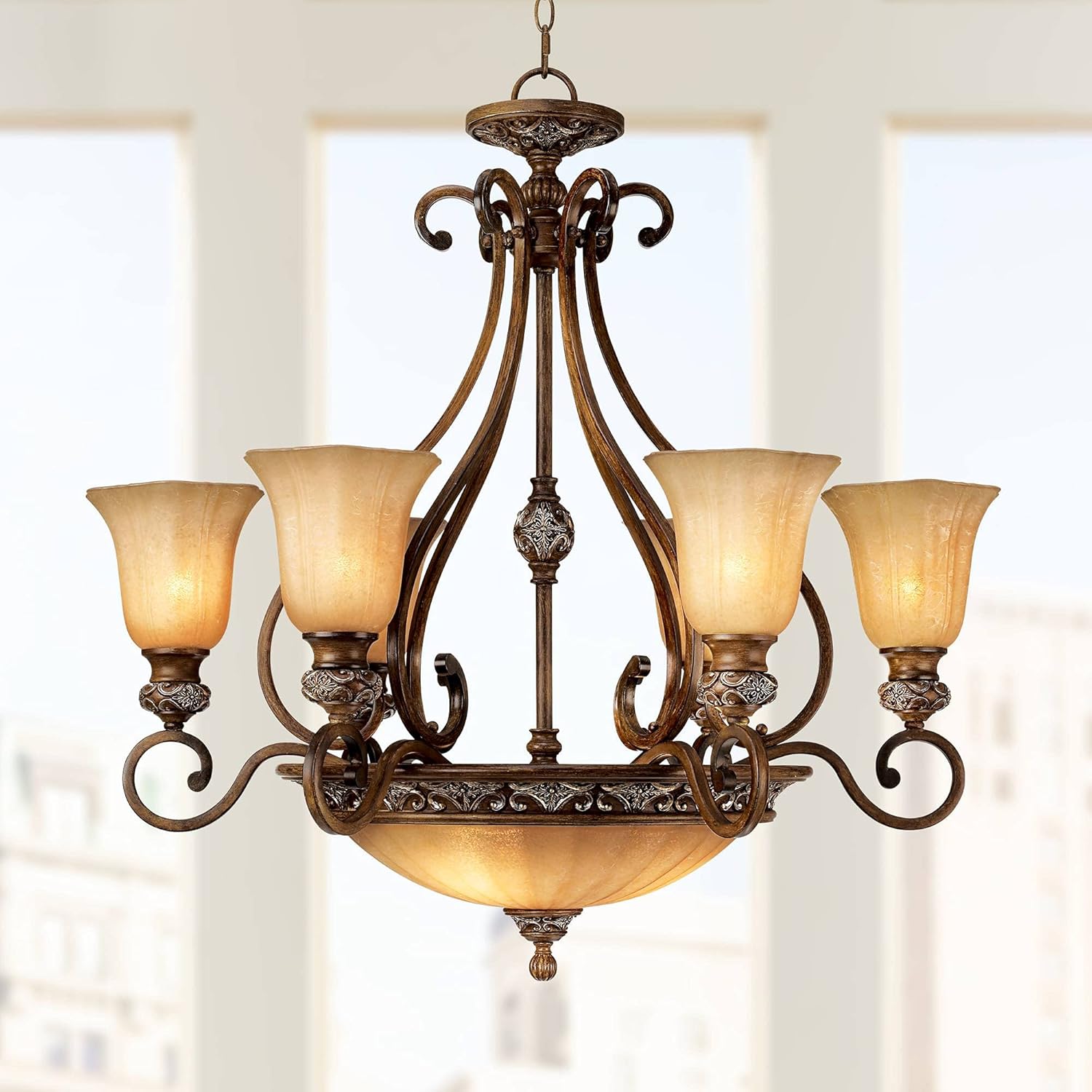 Kathy Ireland Sterling Estate Golden Bronze Chandelier 34 1/2" Wide Rustic Champagne Glass Bowl Shade 9-Light Fixture for Cottage Core Dining Room House Foyer Entryway Kitchen Bedroom Living High