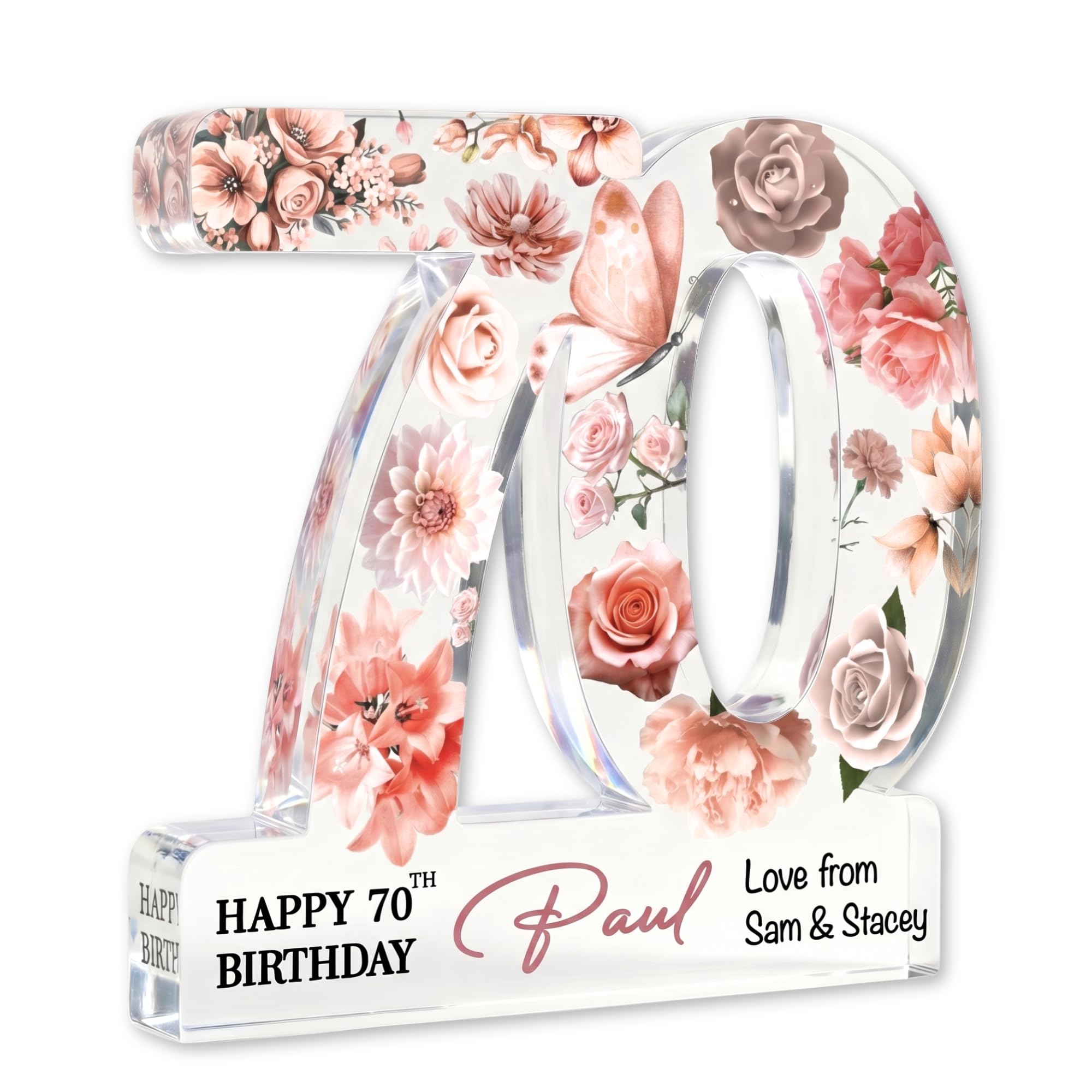 MyKeepsy Personalised 70th Birthday Plaque – Custom Name & Message Acrylic Keepsake, Floral 70 Decoration Gift for Women & Men, Available in 6 Colours (Blush Pink)