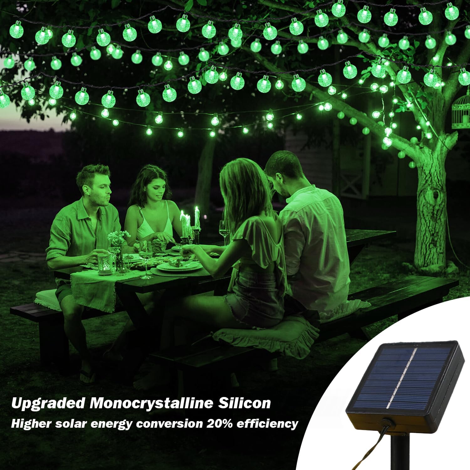 USOKYO Solar Lights Outdoor Waterproof, 2 Pack Total 120LED 72FT Solar String Lights for Outside with 8 Modes, Outdoor String Lights Crystal Globe Patio Lights for Garden Yard Party Decor (Green)