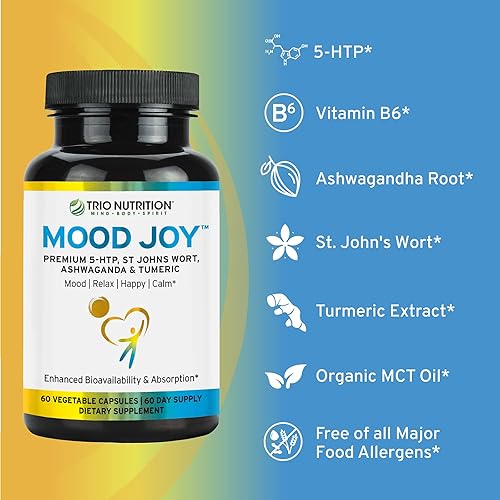 Miniatura 3 de Trio Mood Joy | Premium 5-HTP, hierba de San Juan, Ashwagandha y cúrcuma | Cápsulas de Ashwagandha para promover el estado de ánimo natural
