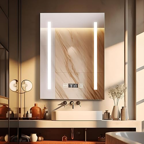 SogesGame Botiquín de baño con espejo, armario de baño LED de 20 x 26 pulgadas montado en la pared, espejo de tocador de baño con botón táctil,
