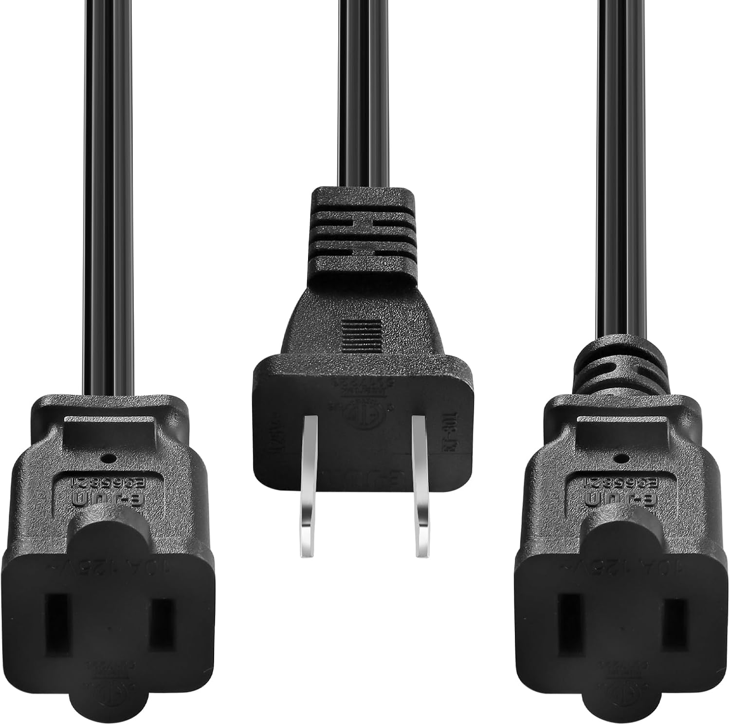 VSEER NEMA 1-15P to Dual 1-15R Y Splitter Cord, 2 Prong Extension Cord US AC Male and 2 x Female Power Cable SPT2 18AWG 10A/125V, 2-Outlet Saver Power Extension Cord Cable Black, 2FT