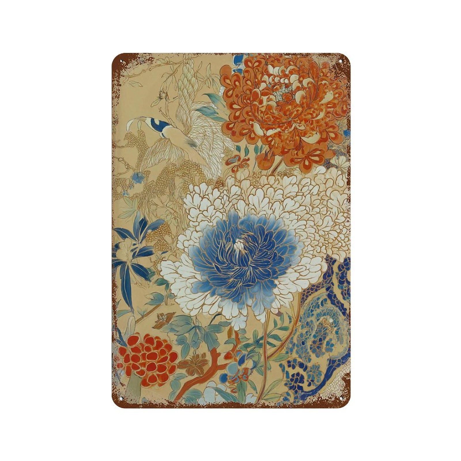 xiaoxiaoshen Japanese Floral Chrysanthemum Bird Beige Blue Botanical Oriental Wall Decor Art Metal Tin Poster Modern Home Decor Art Home Bar Shop Decorations Vintage Sign 30x20cm