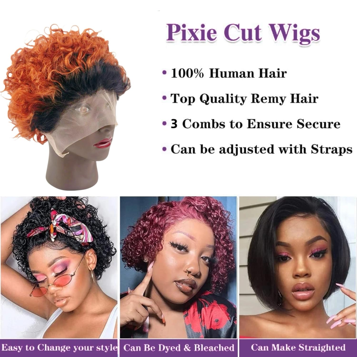 Amazon.com : Ombre Copper Pixie Cut Wig Short Lace Bob Curly 