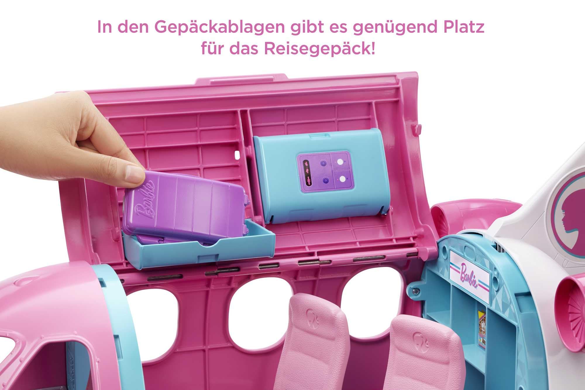 Barbie Flugzeug mit Pilotin Puppe, mit beweglichen Räder und 15x Zubehör inkl. Haustier und Trolley, in rosa, Spielzeug ab 3 Jahre, GJB33