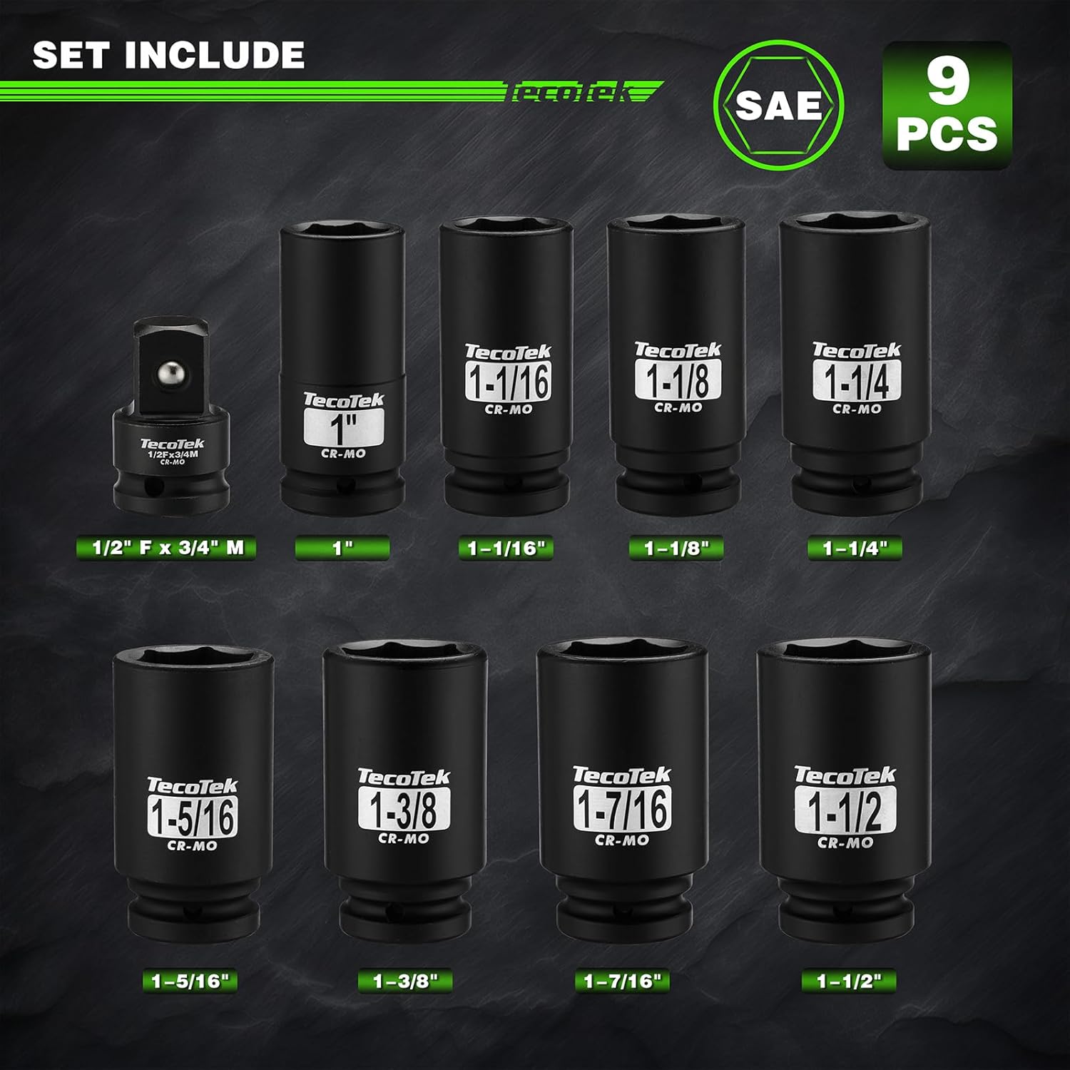 TecoTek 3/4" Drive Deep 6-Point Impact Socket Set, 9-Piece Jumbo Assortment, SAE, Cr-Mo, 1-Inch to 1-1/2-Inch Size, 1/2" F to 3/4" M Impact Socket Adapter