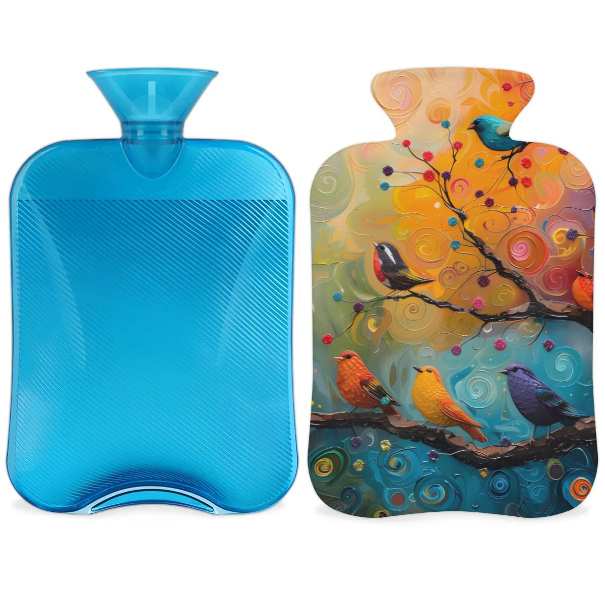 Hot Water Bottle with Soft Cover,2L Colorful Bird Hot Water Bag for Hot and Cold Compress, Hand Feet Warmer, Cute Bird Rubber Hot or Cold Water Bottle Halloween Christmas Decorations
