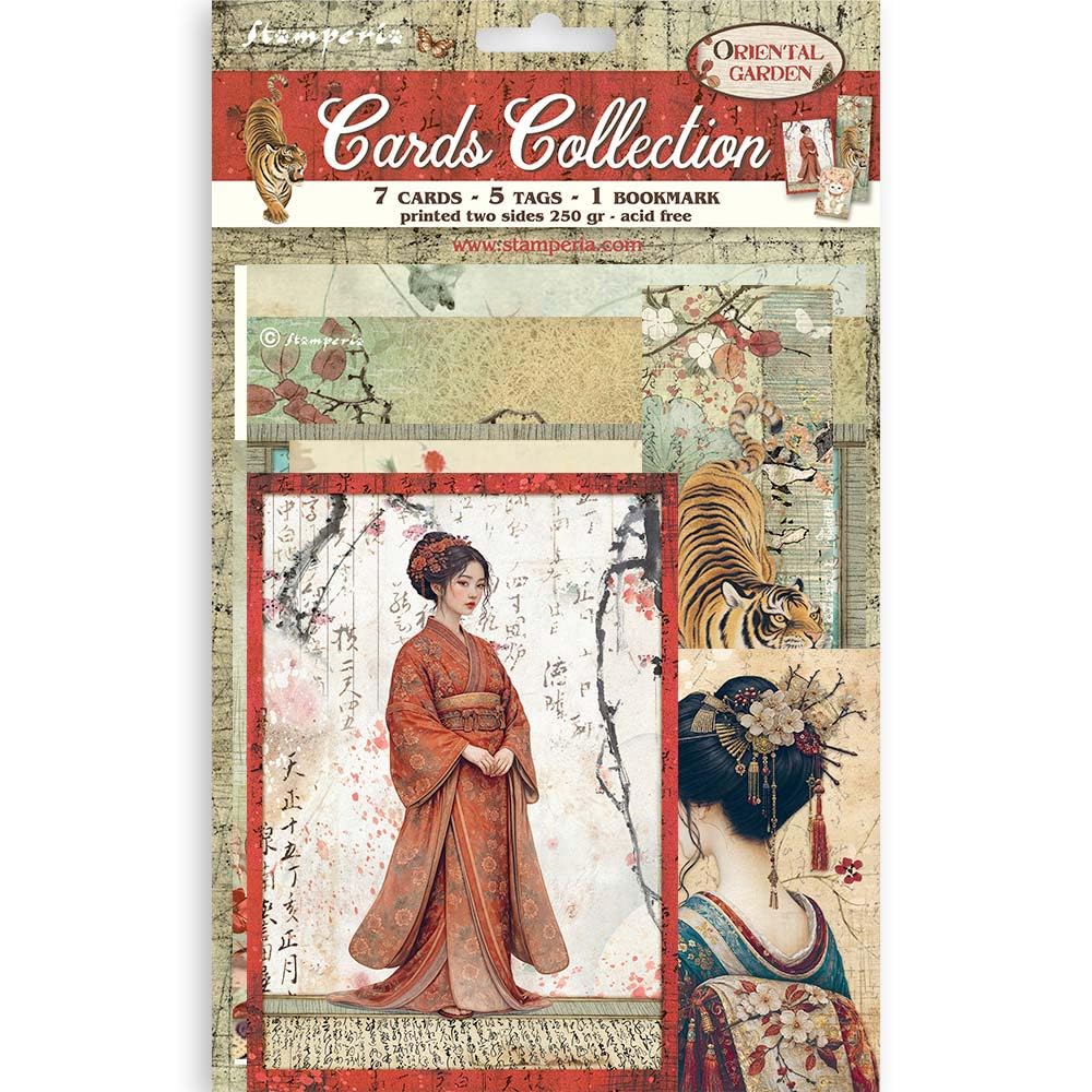 Stamperia - Cards Selection, Acid-Free, Printed on 2 Sides, Choice of Sizes and Designs, Perfect for Hobbies, Crafts, and Gifting (Oriental Garden) (7 Cards, 5 Tags, 1 Bookmark)