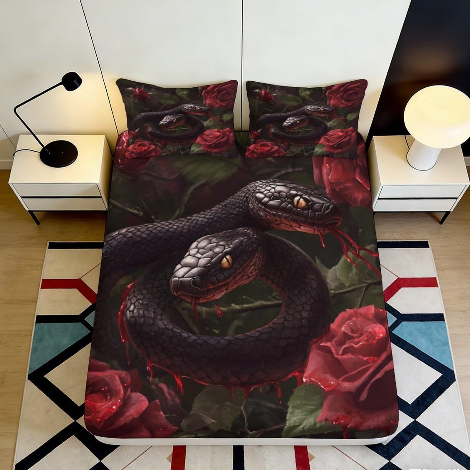 3D Printed Black Snake Fitted Sheet Microfiber Rose Pattern Bed Sheet for Bedroom Guest Room Decor Protection 90x200x25cm