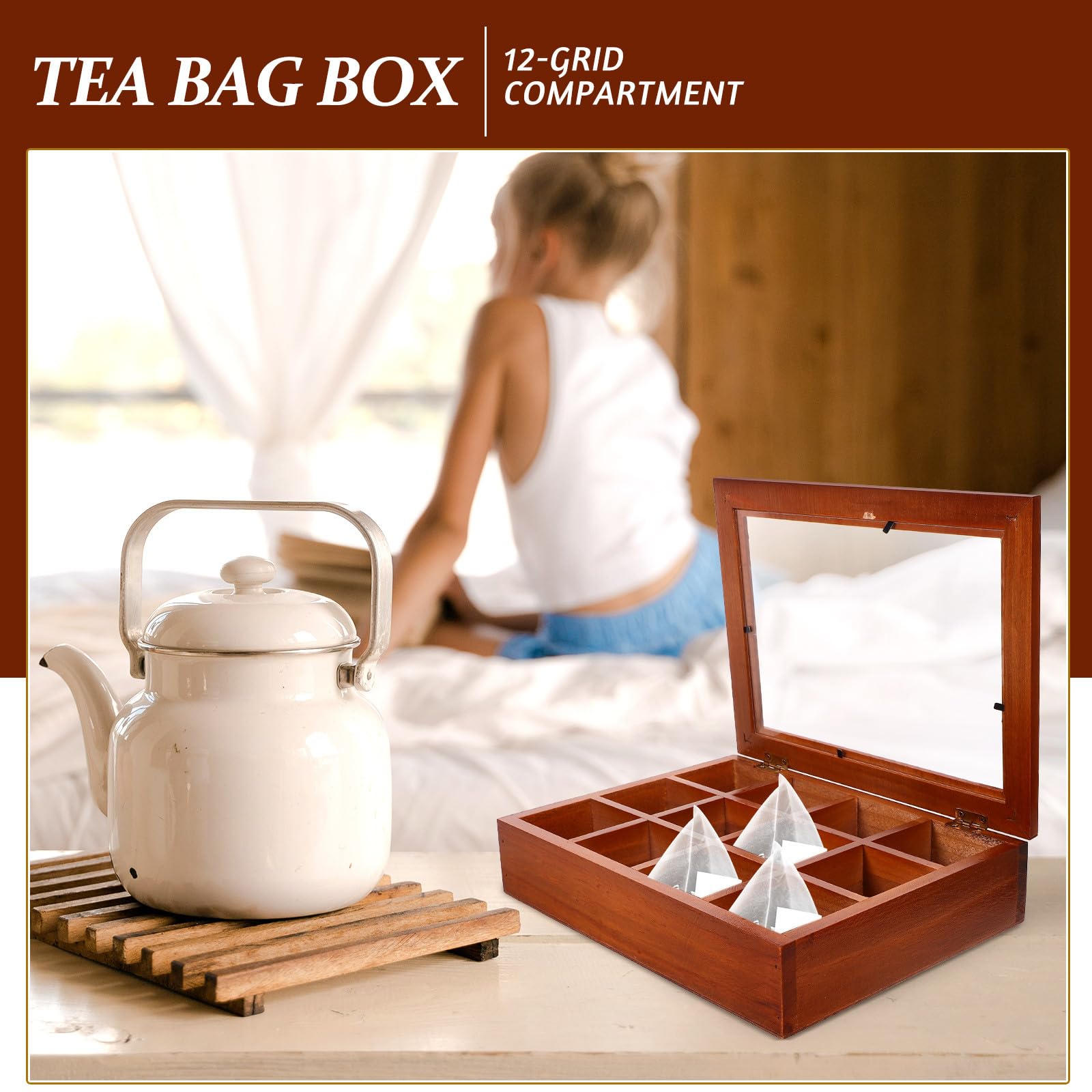 Caja de Almacenamiento de Madera Marrón con 12 Compartimentos para Bolsitas de Té, Diseño Elegante y Portátil para Área de Comedor y Decoración del Hogar