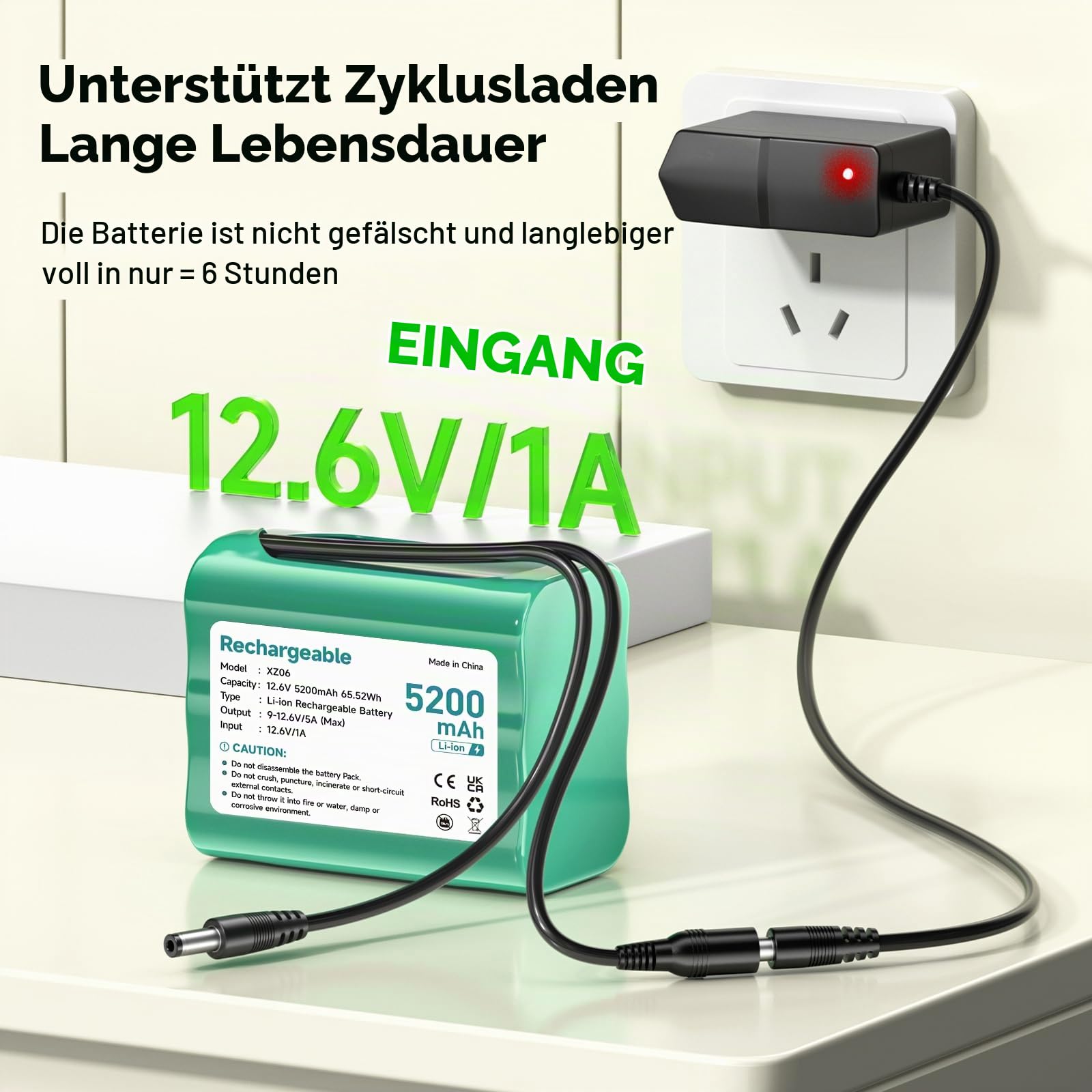 12.6V Lithium Ionen Akku 5200mAh, Klein 12V Akku mit ladegerät & Steckeradapter & Verbindungslinie für Solar Panel, Soundboks, DAB Radio, Fahrrad Beleuchtung, Scheinwerfer Rücklicht, Sonar