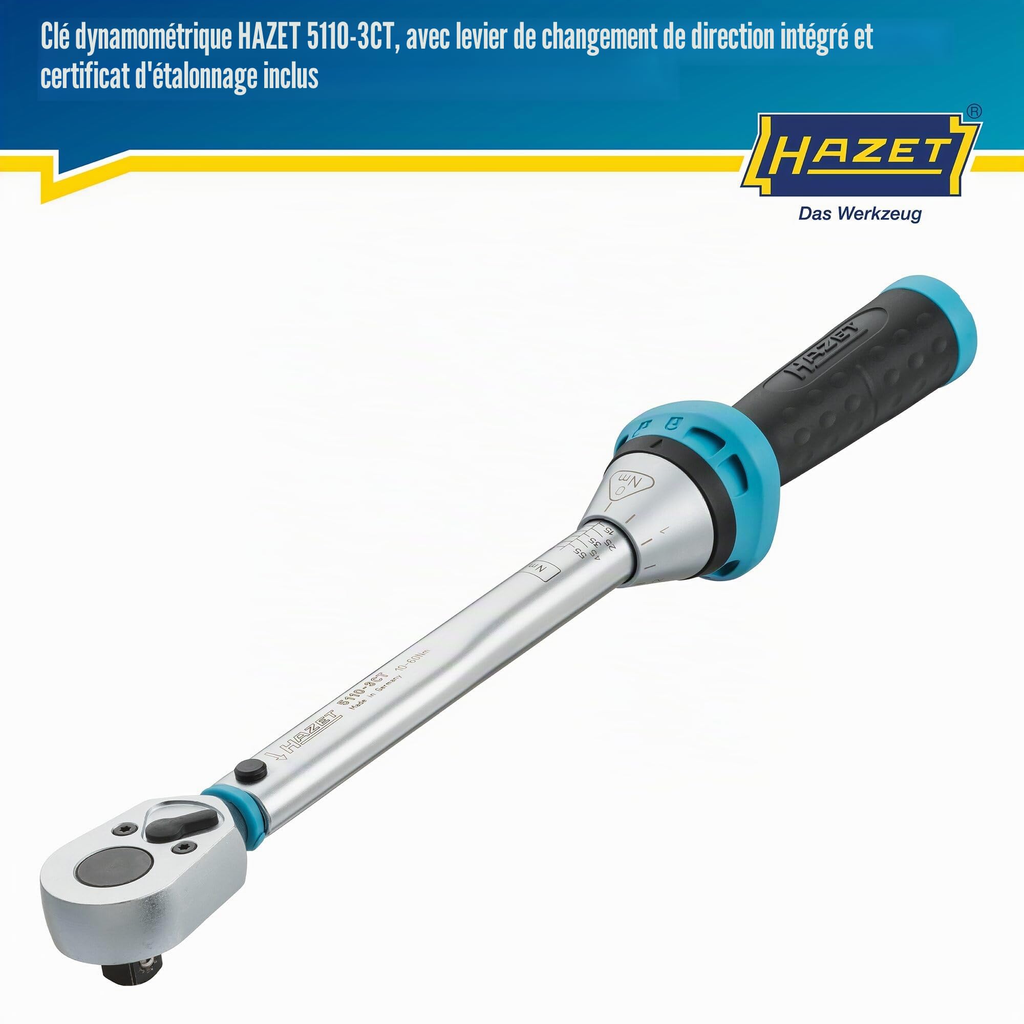 HAZET clé dynamométrique 5110-3CT I Sortie : carré 10 mm (3/8 pouce), tolérance : 3 %, 30 dents (angle d'actionnement 12 degrés) I cliquet réversible facile à utiliser pour voiture et vélo I 320 mm'.