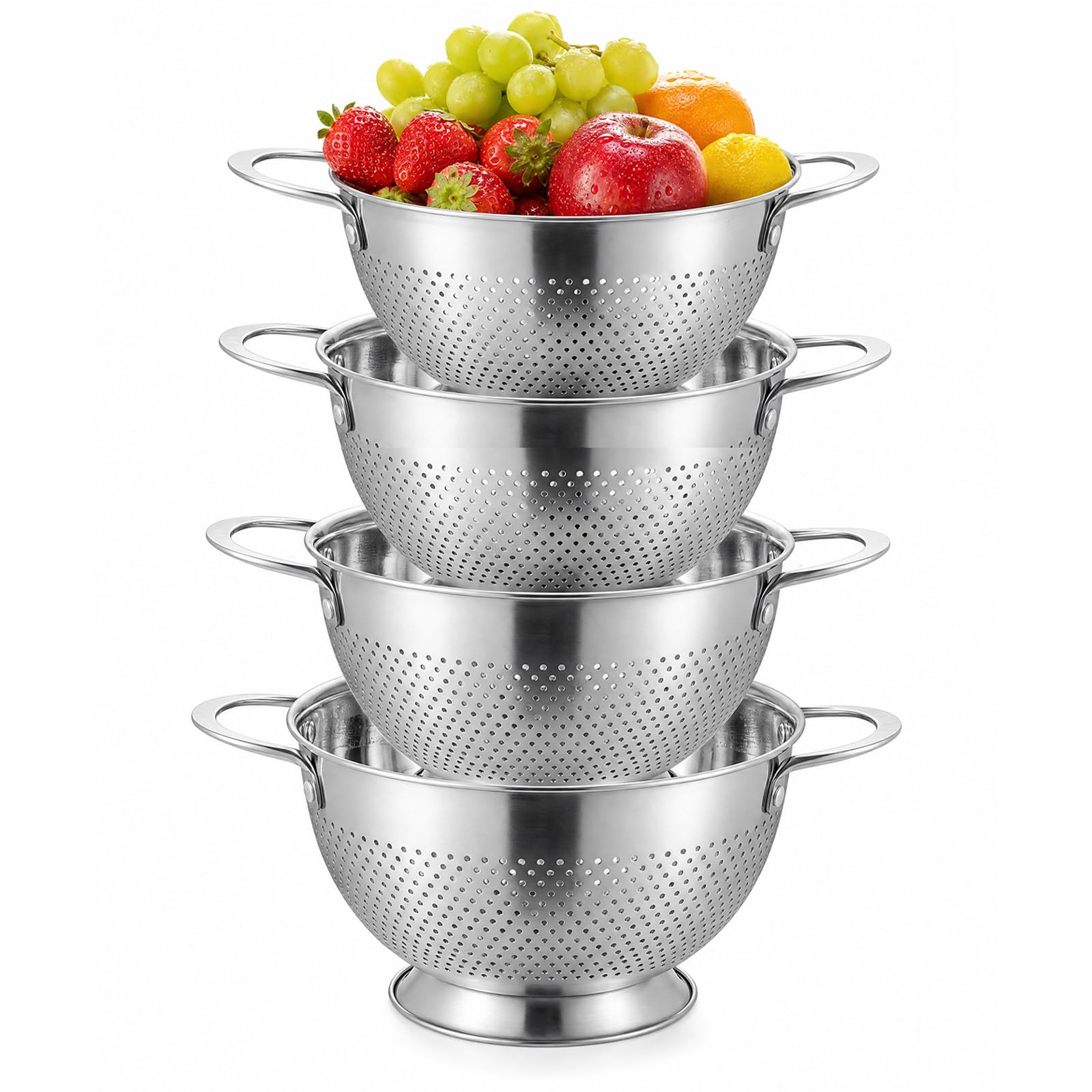 Colador, colador, colador, juego de 3 unidades con mango y base redonda, apilable, apto para lavavajillas, práctico colador de alimentos para pasta, frutas, arroz y verduras frescas (18+20+24+26)