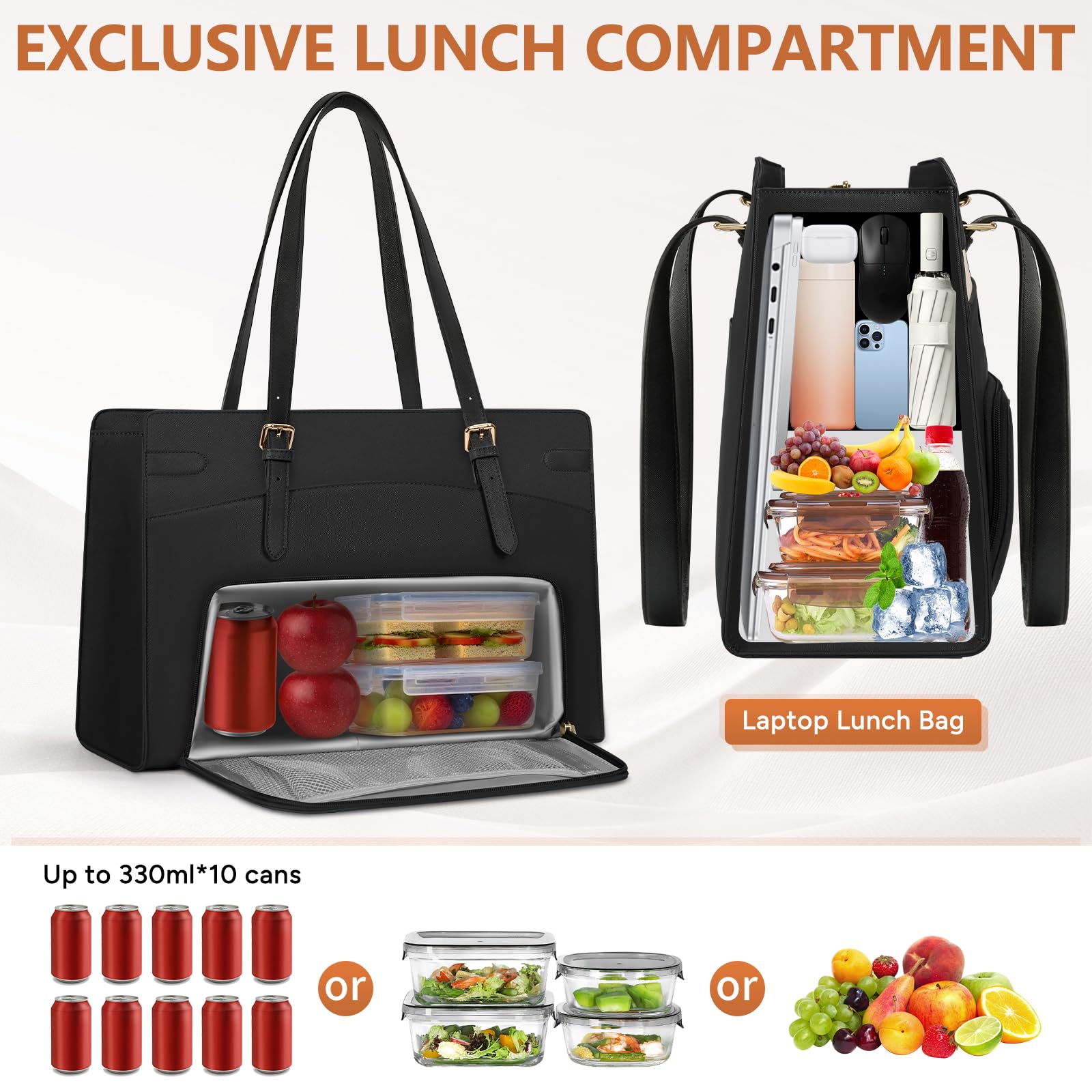 RAINSMORE Bolso Mujer Grande con Compartimento Aislante para el Almuerzo Bolso Ordenador Portatil 15.6 Pulgadas Bolsos Universidad Bolsos Oficina
