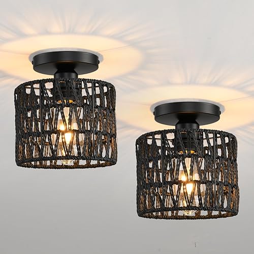 Miniatura 12 de Lámpara de Techo, Lámpara de Techo Empotrada de Ratán Tejida a Mano, Lámparas de Techo Estilo Granja con Montaje en Techo Boho para Pasillo, Lámpara