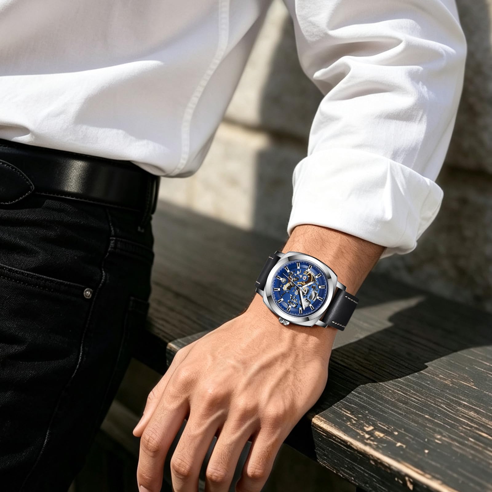 BENYAR - Orologio da uomo meccanico automatico, cinturino in pelle, movimento dorato, quadrante scheletro da 45 mm, resistente all'acqua e ai graffi, elegante regalo da uomo