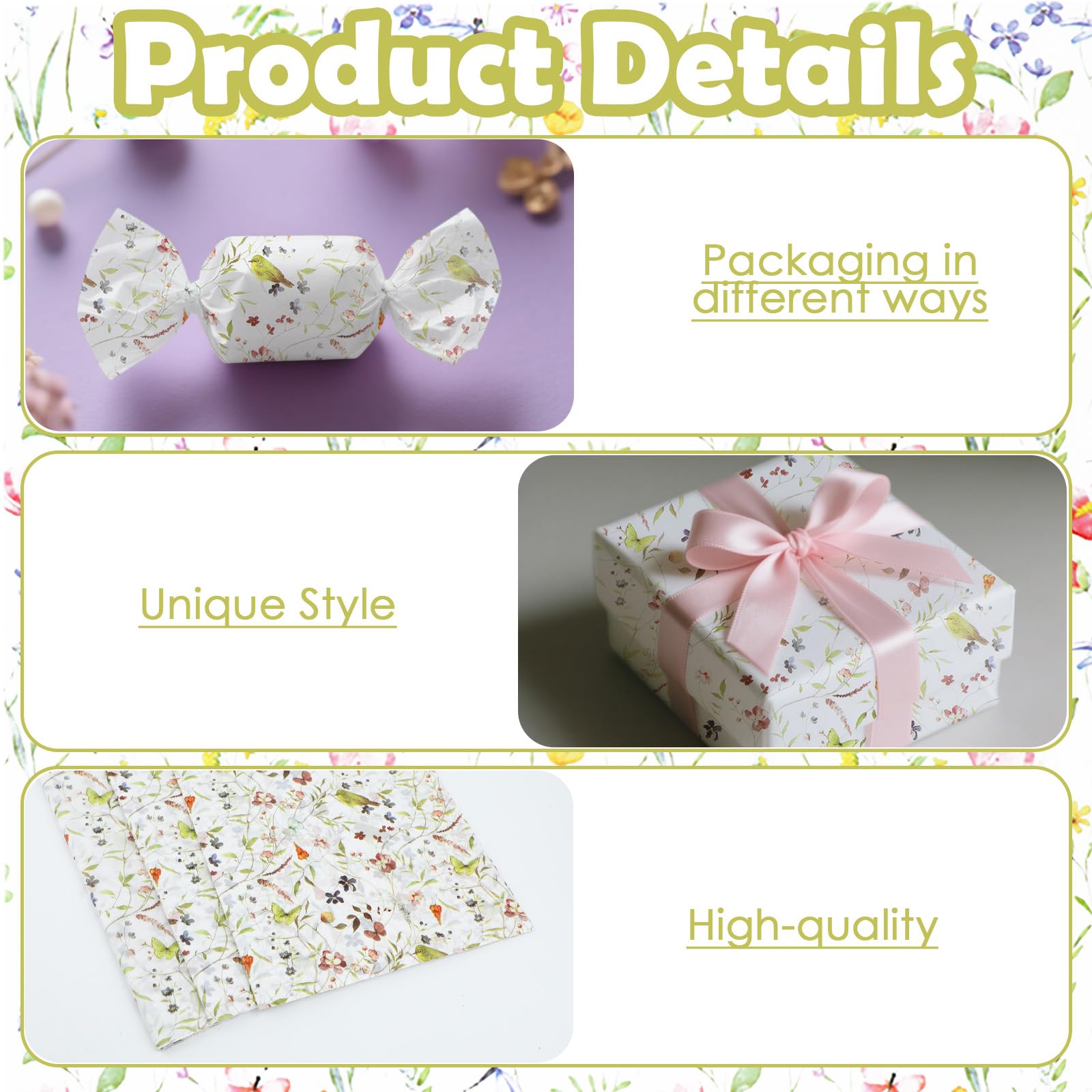 100 fogli di carta velina floreale, 50,8 x 35,5 cm, carta da regalo con fiori di campo, farfalla per decorazioni per matrimoni, addio al nubilato, feste di compleanno