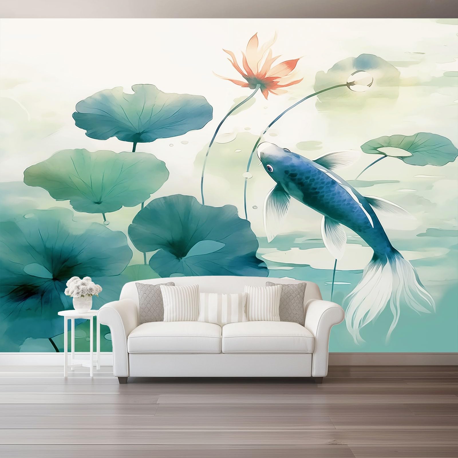 Tapeta z włókniny 350 x 256 cm, ryba chiński liść lotosu, dekoracja ścienna do dużego pokoju młodzieżowego, niebiesko-zielona