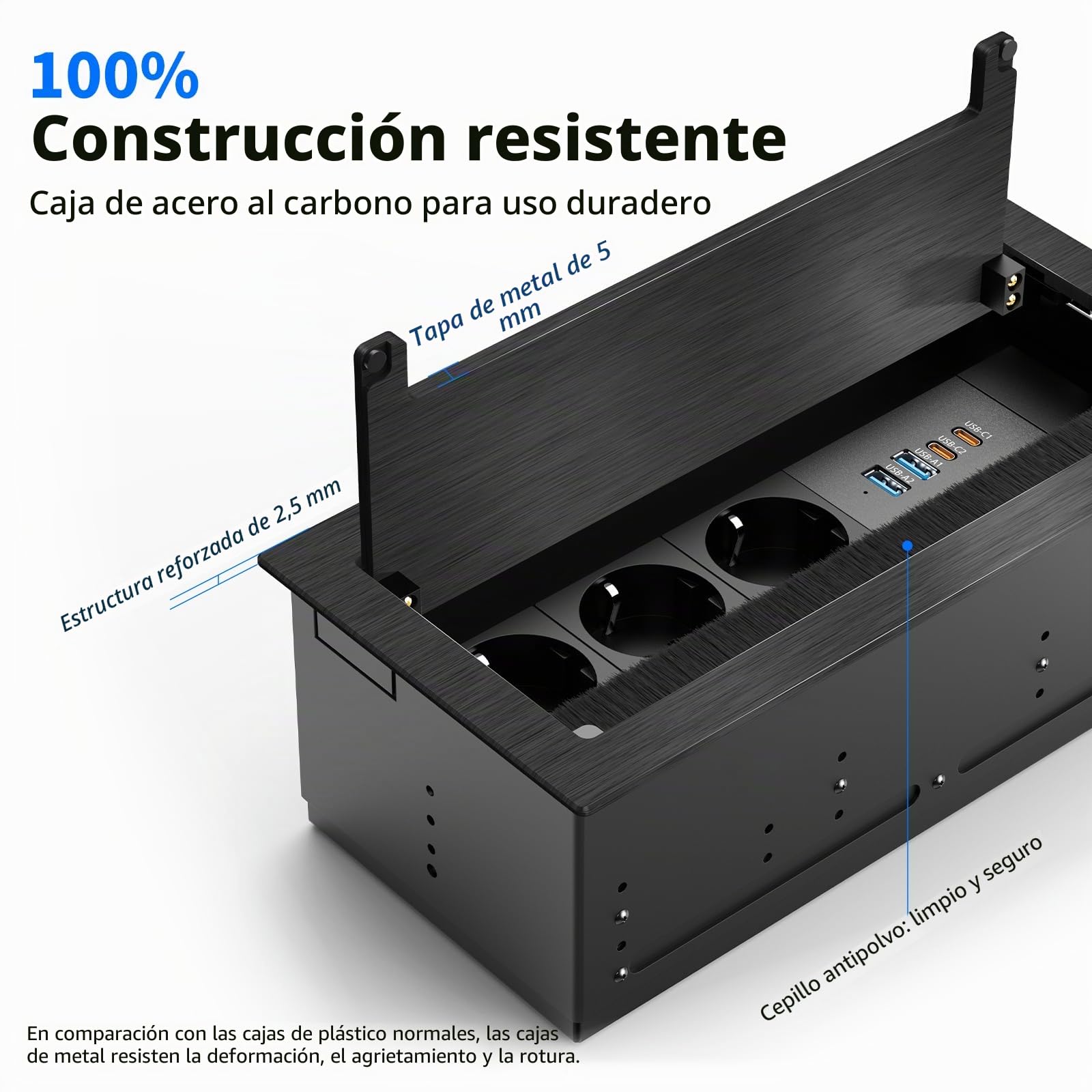 Enchufe empotrable con 2 USB-C PD 30W y 3 Tomas, Aluminio | Regleta empotrable con 4 USB, 2 USB-A QC18W, tapa metálica abatible antipolvo, cable 1,8 m, escritorio y cocina
