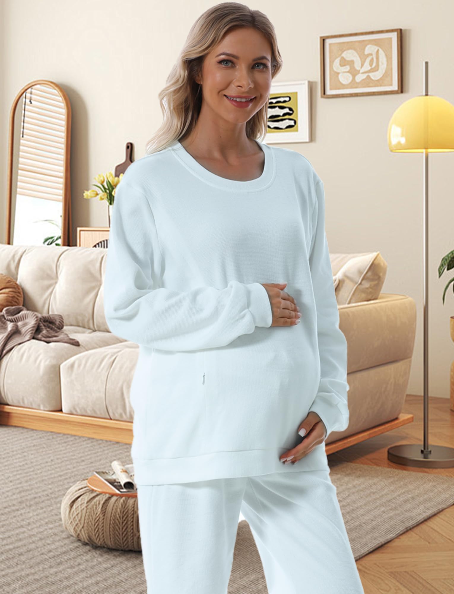 FEOYA Sudadera de maternidad de manga larga, cuello redondo, camisas de lactancia, cremallera lateral, sin botones, holgada, casual, suave, para embarazo, invierno, otoño