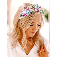Vista 4 de Diademas anudadas de perlas para mujer, con flores impresas y diamantes de imitación de cristal brillantes adornadas con nudo superior, accesorios