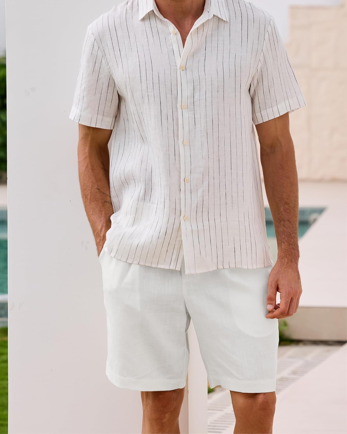 Kallspin Men's Linen Blend Flat Front Shorts Casual Lightweight Summer Pleated Shorts with Button Closure and Pockets XX-Large White image 2 of 6 B0FBGL3XYL