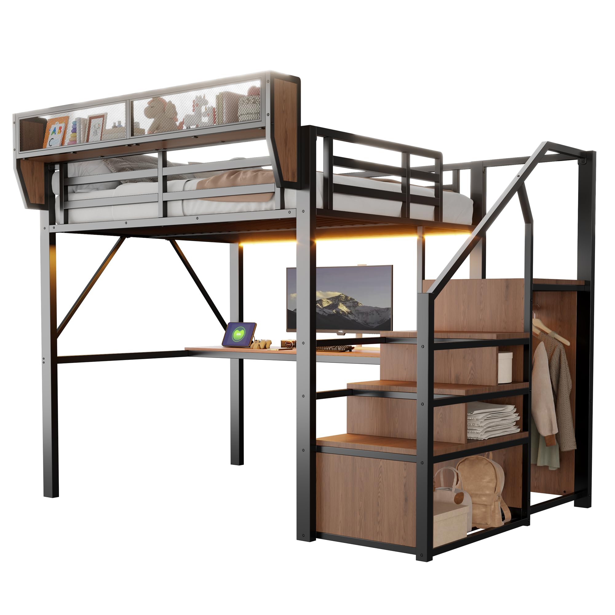 Lcoho Hochbett (140 x 200 cm), Metallbett, langem Schreibtisch, Sicherheitsleiter und flexiblem Stauraum – universelles Metallbett für Erwachsene und Kinder – Schwarz