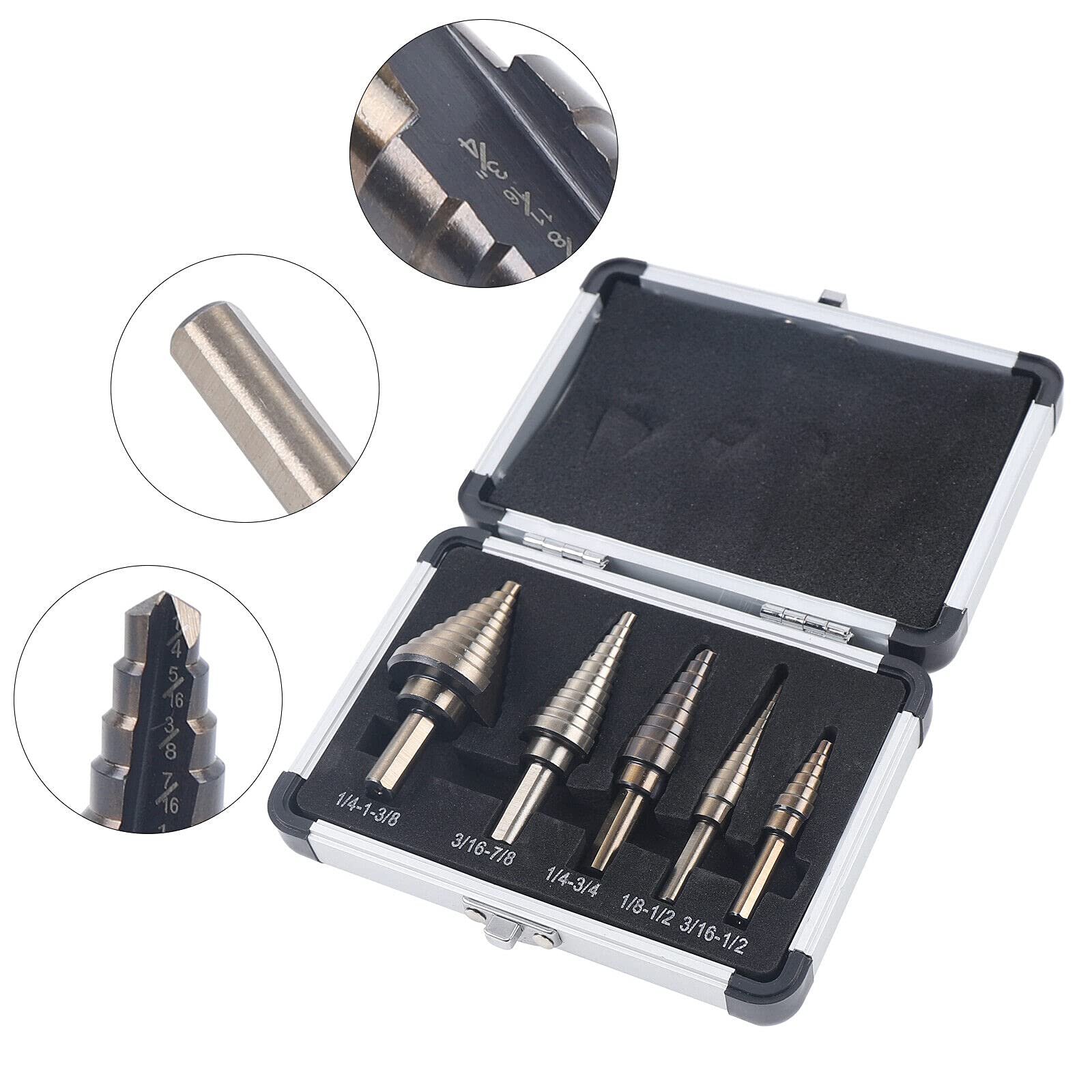 Juego de 5 brocas escalonadas HSS de cobalto profesional para acero inoxidable, metal, madera y plástico.