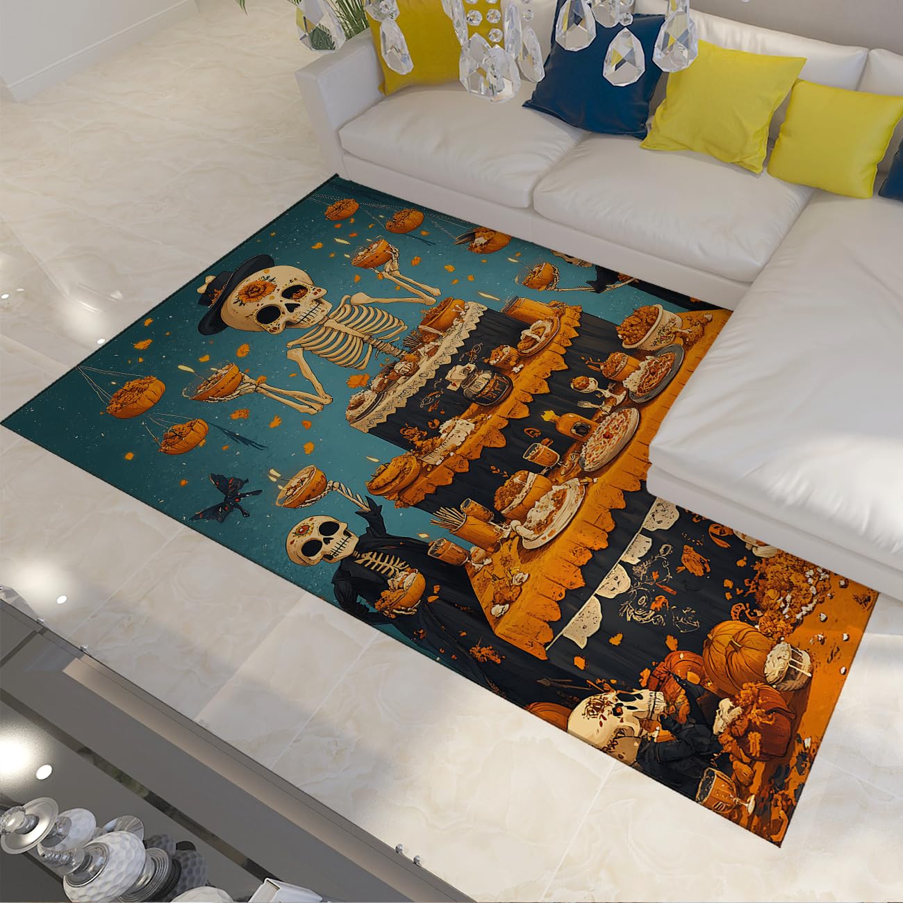Tapis Jour des Morts 70x120cm lavable et mince motif squelette