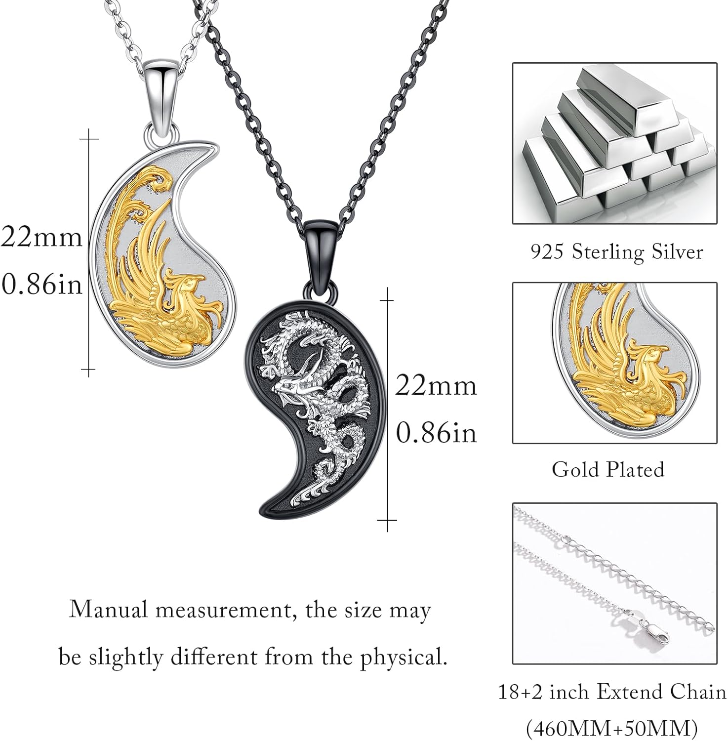 Yin Yang Dragon/Phoenix/Koi Fish Necklace 925 Sterling Silver Yin Yang Couples Matching Pendant Friendship BFF Necklace Jewelry for Her Him with Gifts Box