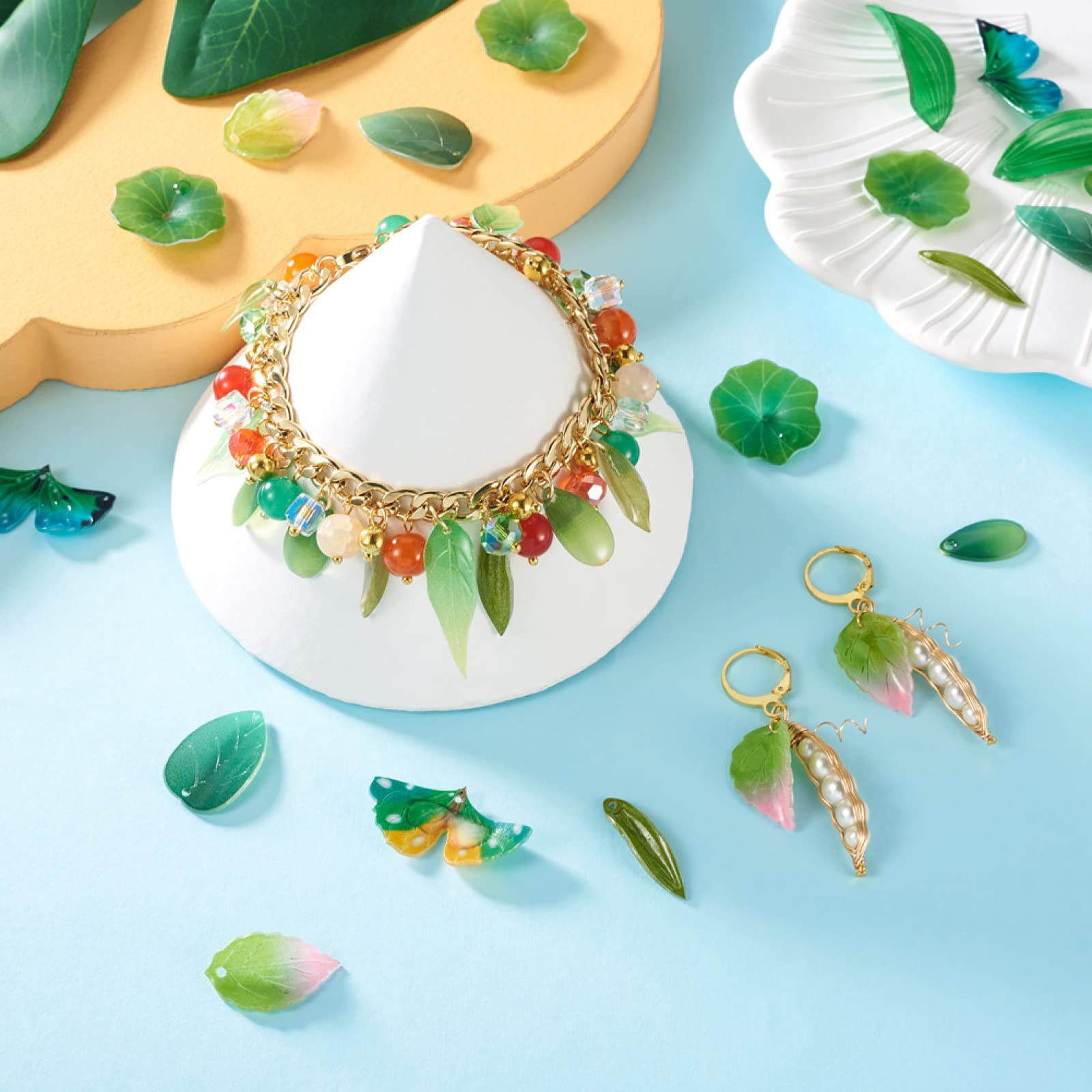 Craftdady 40Pcs Plastic Leaf Pendants Frosted and Glossy Mixed Colors Opaque Texture Leaves Charms With Hole For Summer Spring DIY Jewellery Making - Image 3