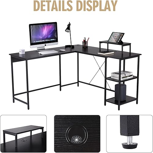 Miniatura 6 de UNICOO - Escritorio para computadora en forma de L, escritorios modernos de esquina con soporte de CPU, mesa de juego en forma de L con estantes de