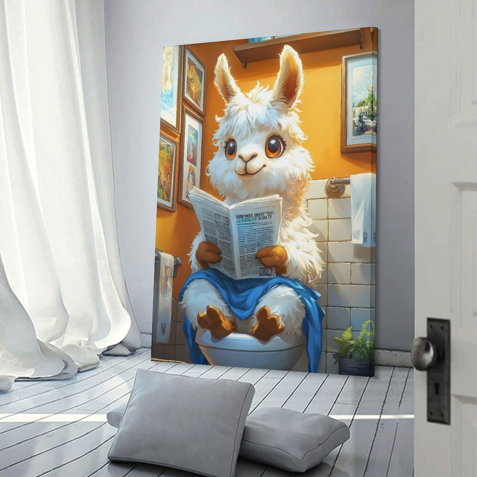 Junmoney Canvas Wall Picture Llama Reading Newspaper on Toilet, 24x36inch(60x90cm), for Home Lounge, Bedroom Or Reading Nook, A Home Accent with Warm Character