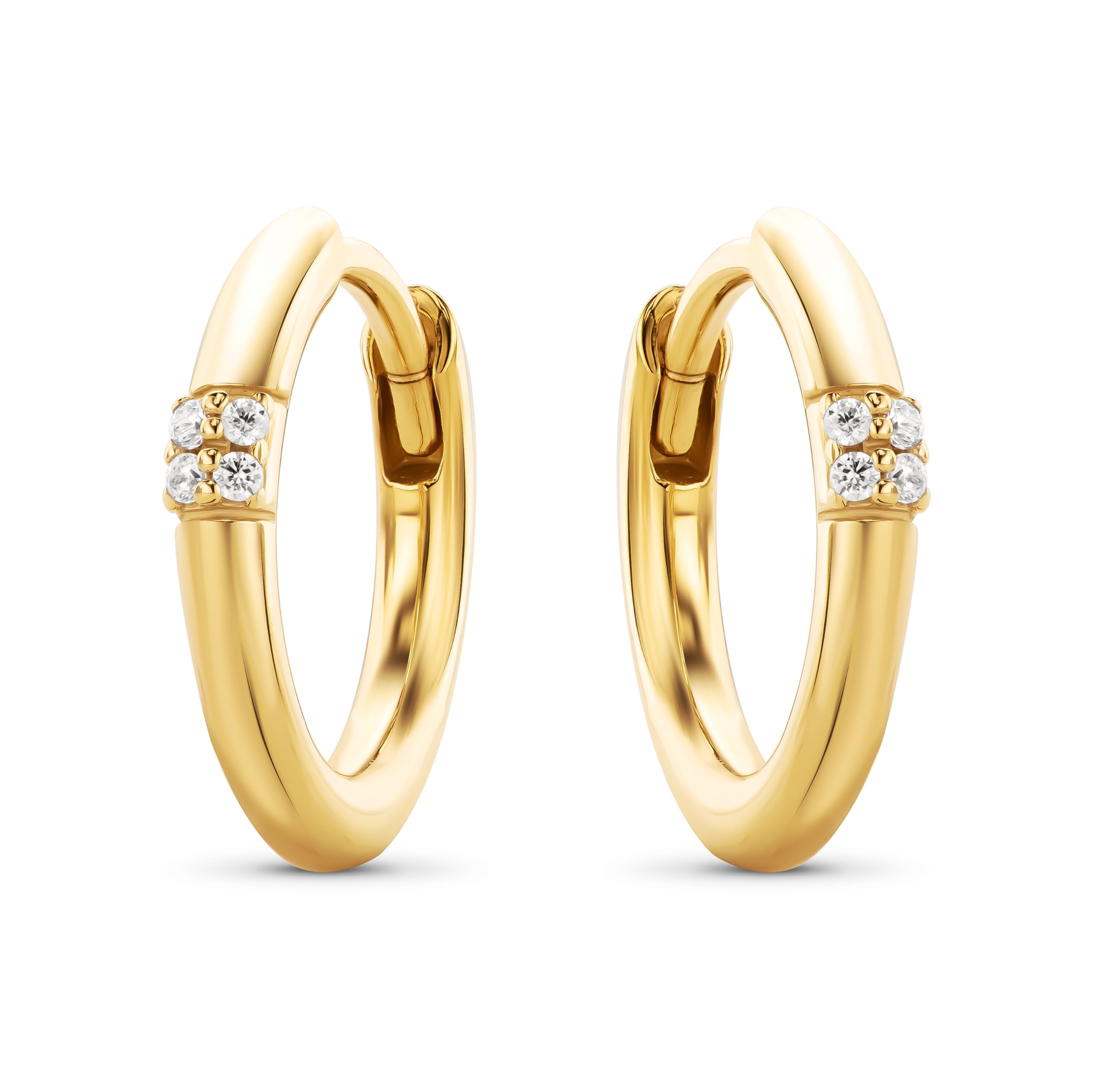MIORE Creolen| 925 Sterling Silber| Stilvolle Huggie-Ohrringe mit brillanten Zirkonia-Steinen 0,08 Karat| hautfreundliche vergoldete- Silber Ohrringe 13 x 2 mm| Damen Schmuck vom Juwelier