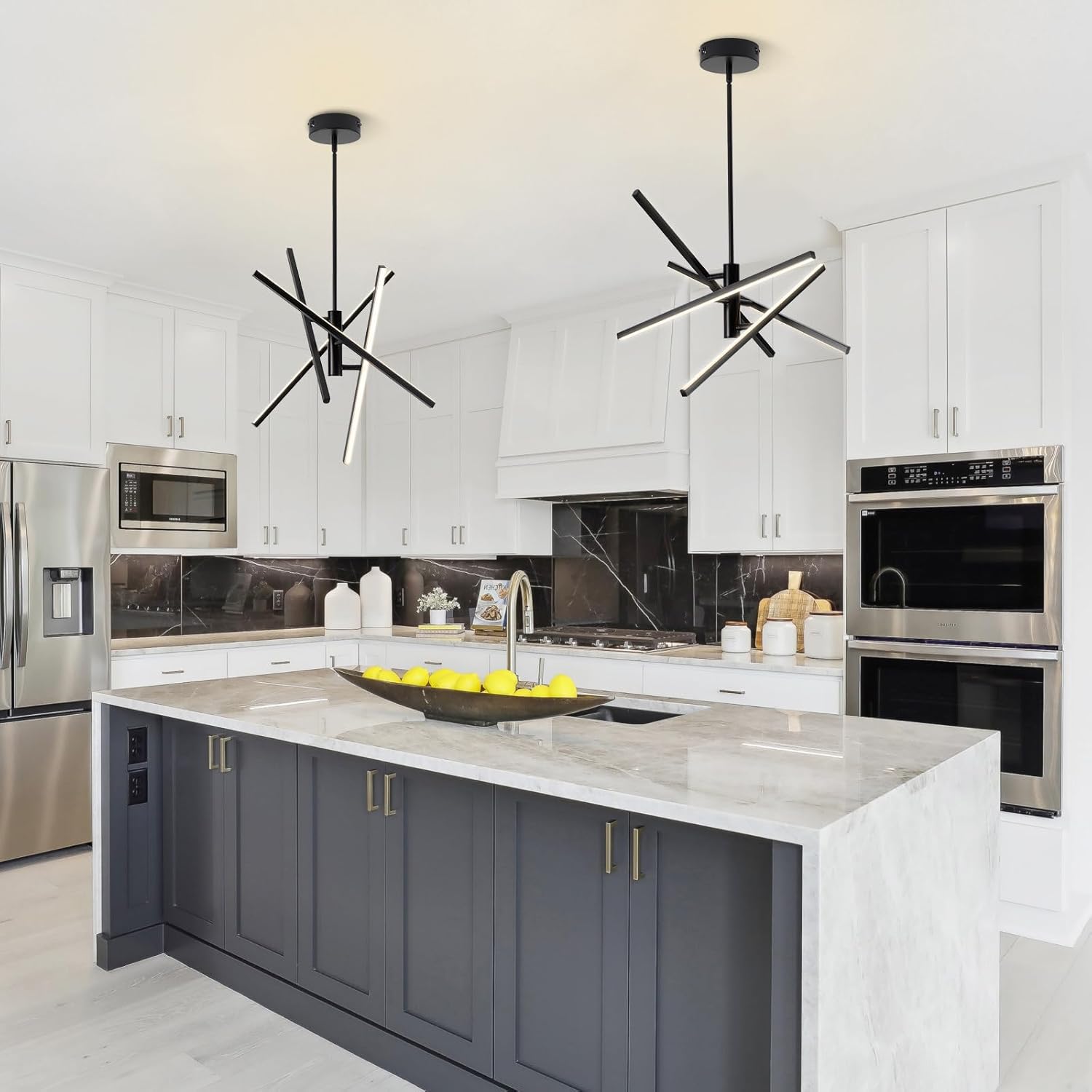 Modern Black Chandelier Light Fixtures: LED 4-Light Sputnik Dining Room Chandeliers Linear Pendant Lights Fixture Over Table Dimmable with Remote for Kitchen Island Living Room