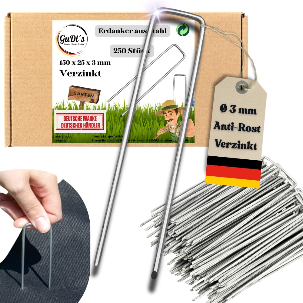 GuDi´s Erdanker (250 Stück) verzinkt aus Stahl für Unkrautvlies - 150 x 25x ⌀3 mm – stabile Bodenanker für Garten, Zaun, Gartenvlies, Camping, Anti-Rost, rostfrei, Erdnägel Zaunverankerung