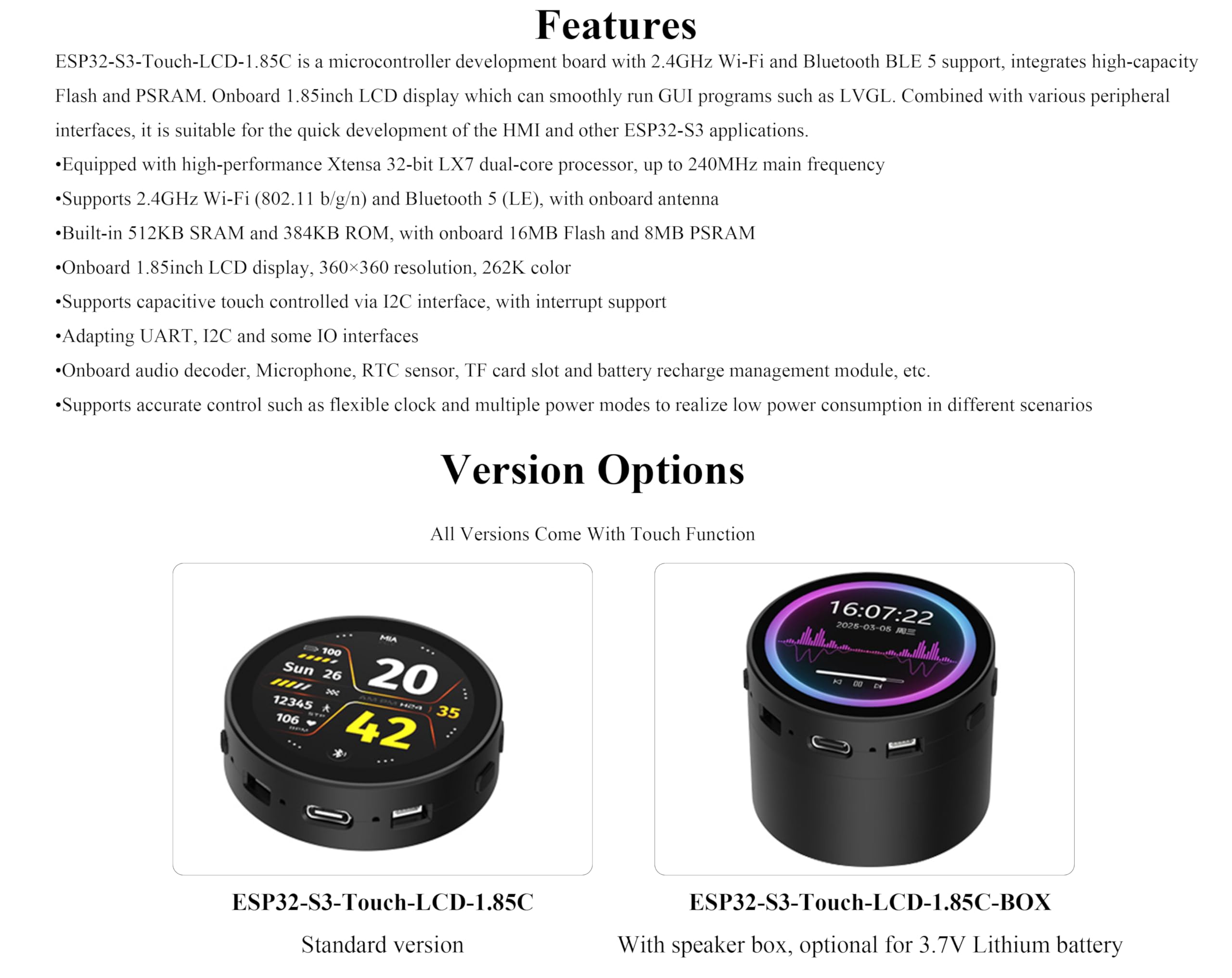 ESP32-S3 1.85inch Round Touch LCD Development Board, 360x360, Supports Wi-Fi & BLE 5, AI Speech, Smart Speaker Box, Support AI Interaction and Offline Voice Control, with Speaker Box