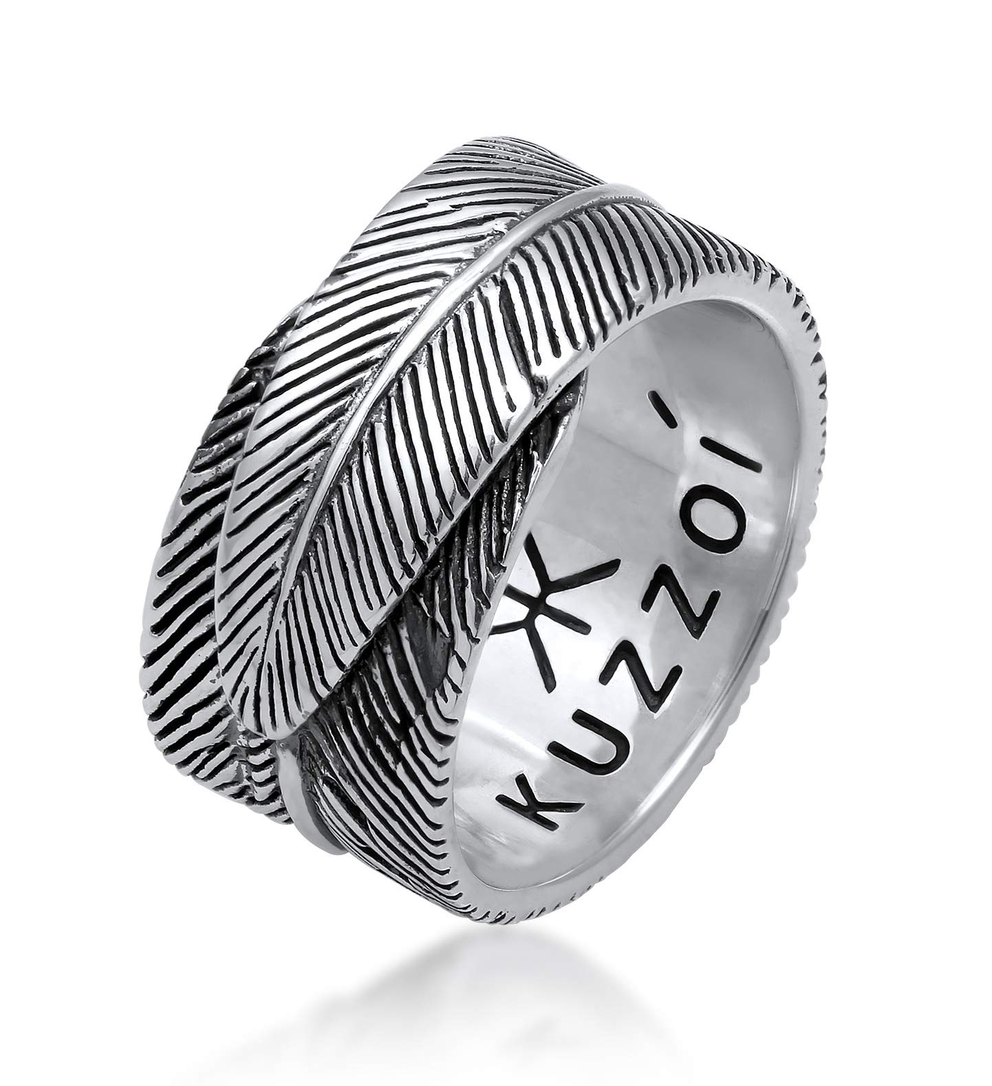Kuzzoi Massiver Herrenring(14mm) im Feder Design schwarz oxidiert, Bandring für Männer aus 925 Sterling Silber, Ring im Vintage Look, Ringgröße 60-66, 0609382419