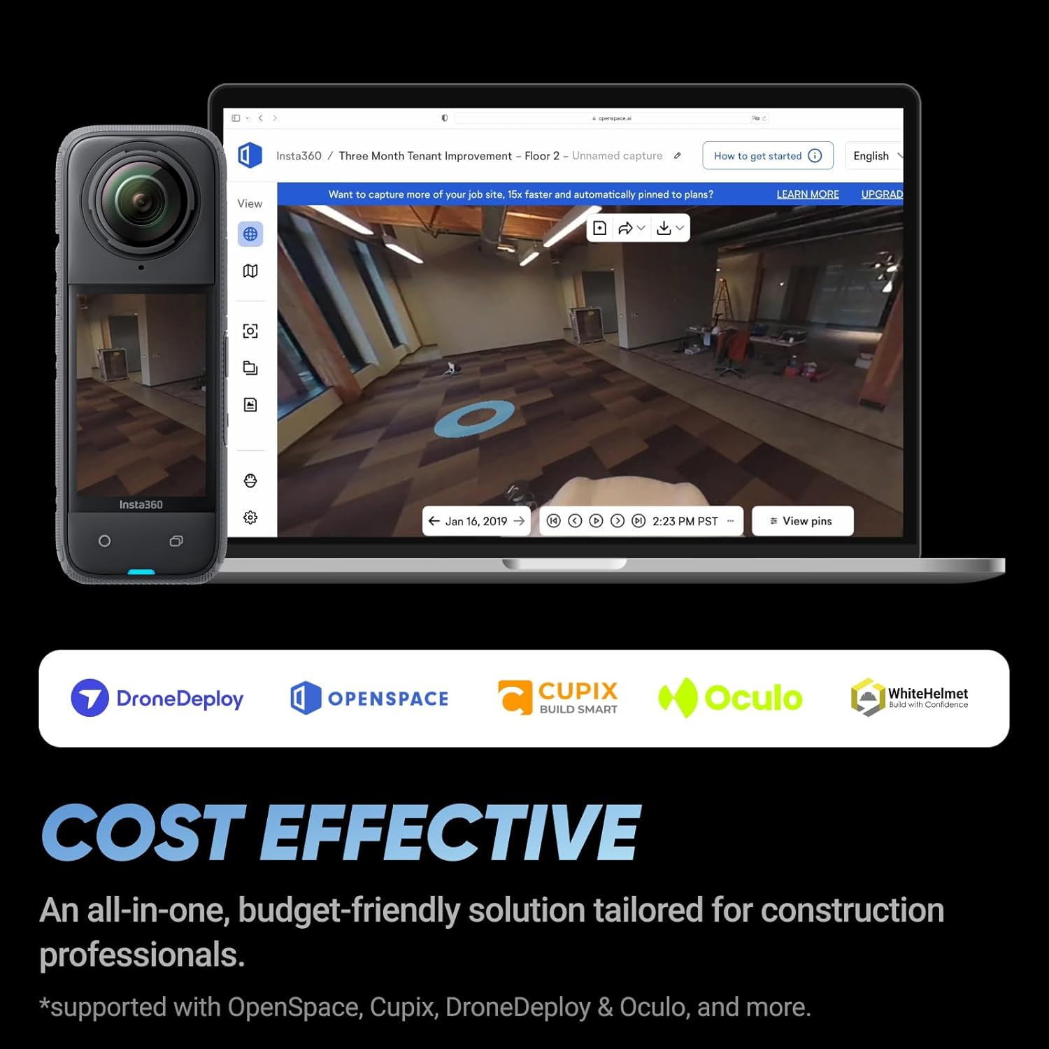 Insta360 X4 Construction Bundle - 360° Construction Camera, 8K30fps 360 HDR Video, 72MP Photo, 11K Timelapses, Supports DroneDeploy, OpenSpace, Cupix, Oculo, WhiteHelmet, Reconstruct, SoftRoid & More