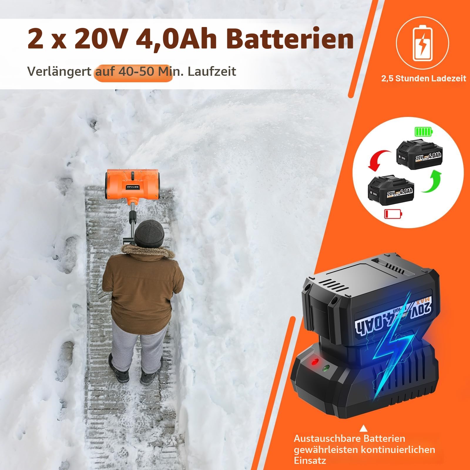 Kabellose Schneefräse mit 2 x 4,0 Ah Batterien, 30,5 cm kabellose Schneeschaufel mit 3 einstellbaren Wurfrichtungen, batteriebetriebene Schneeräumung mit 4,8 m Wurfabstand für Terrasse, Deck, Auffahrt