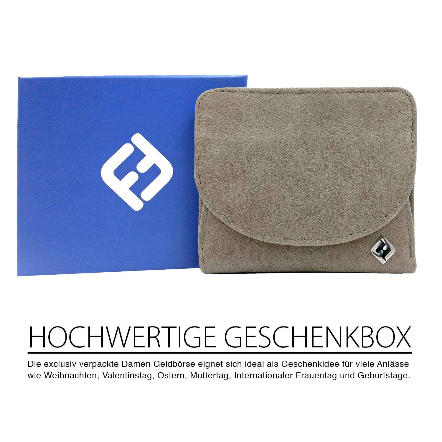 Geldbörse Damen klein grau, viele Fächer, Reise Portemonnaie, Oil-Wax-Leder, RFID Blocker, Münzfach | Wiener Schachtel, Geldtasche Portmonee Geldbeutel Damengeldbörse Damenportemonnaie Damengeldbeutel