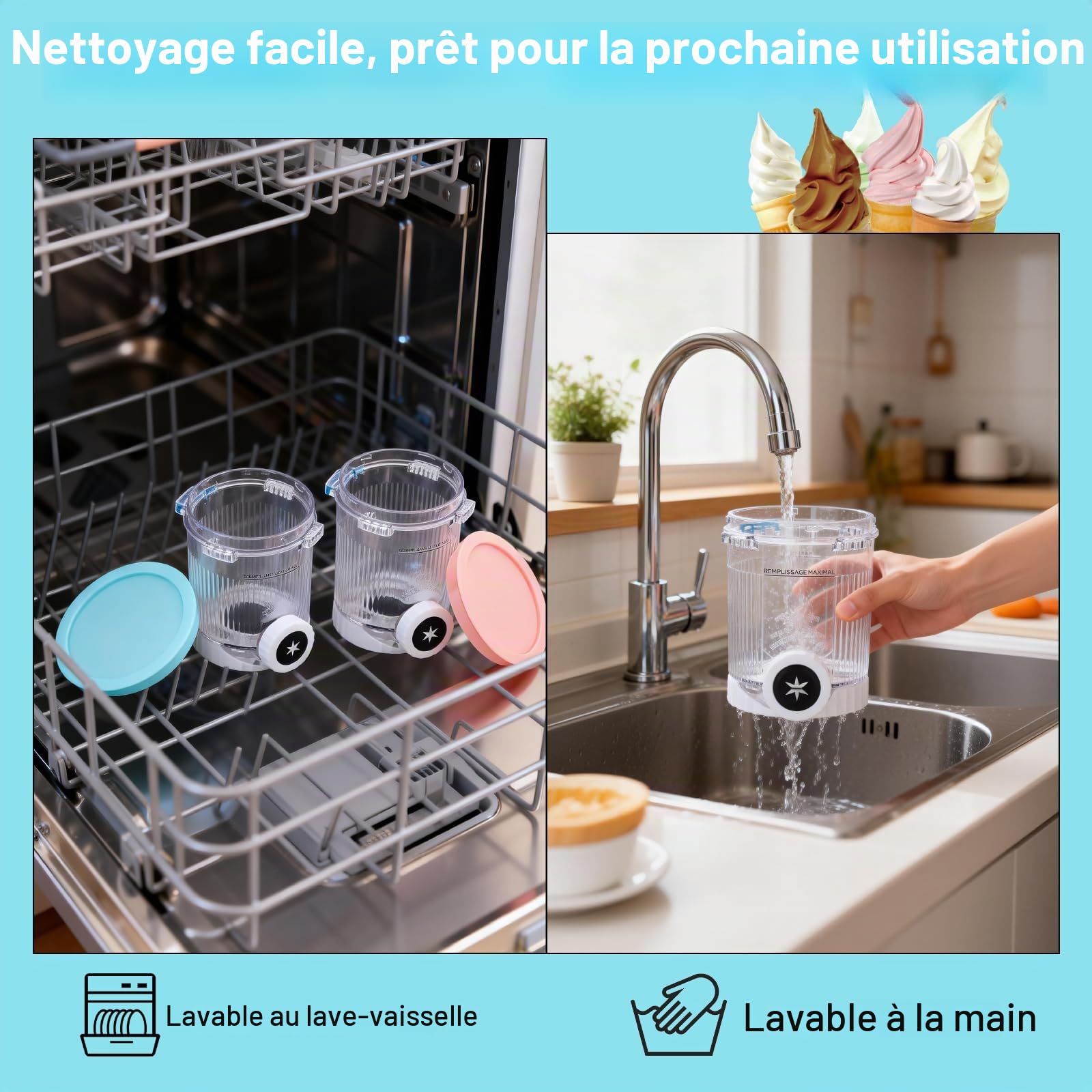 Lot de 4 récipients à crème glacée avec couvercles pour Ninja Creami Swirl, 480 ml, accessoires de rechange pour machine à crème glacée Ninja série NC700/NC701 (sans BPA et passe au lave-vaisselle)