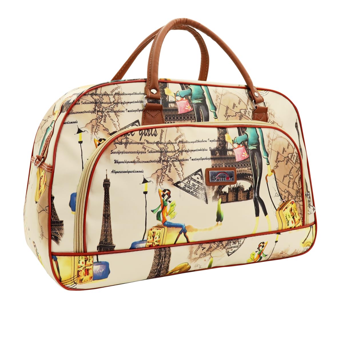 palay Duffle Bags for Women Travel Large Waterproof PU Leather Printed Shoulder Bag with Strap Round Bag for Women Travel & Office, Beige - 1-picture-14