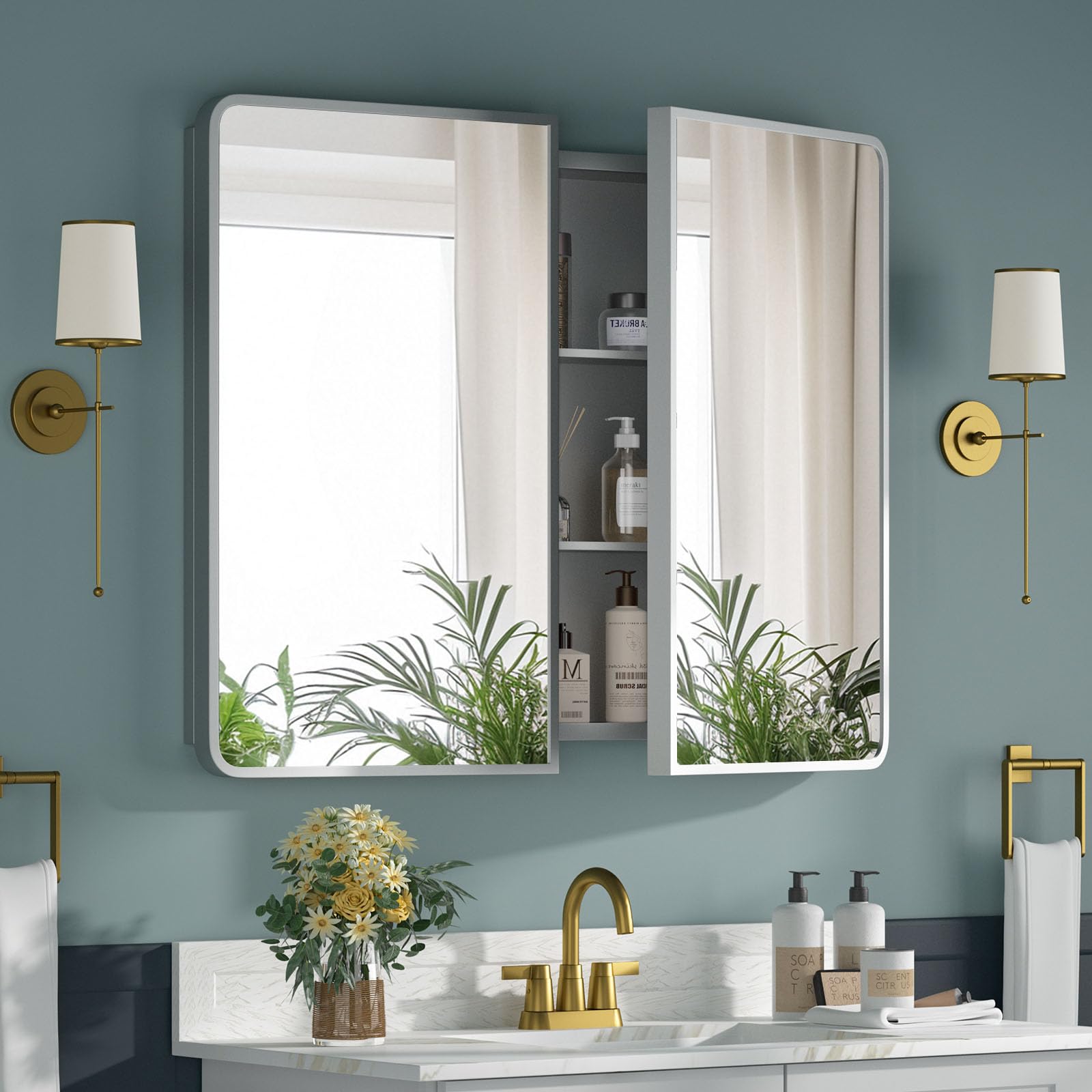 YTSMIR Bathroom Medicine Cabinet with Mirror 24x30Inch, Silver Medicine Cabinet Recessed or Surface Wall-Mounted, Mirrored Cabinets with Sturdy Metal