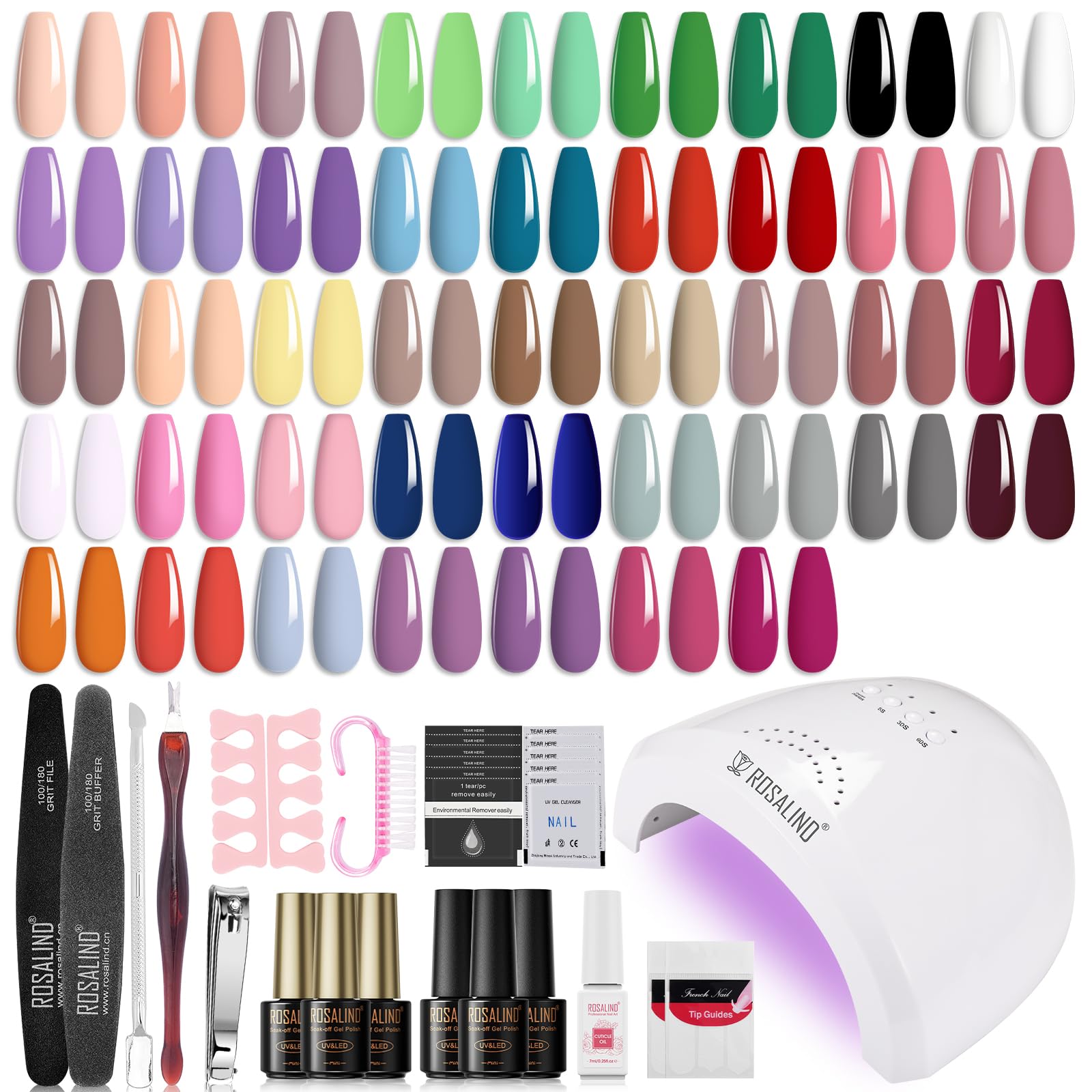 ROSALIND Kit Uñas Semipermanentes, 48W Lampara uñas semipermanentes, 43 Colores Kit Esmaltes de Uñas Gel Completo Lámpara UV Nude Verde Morado Azul Rojo Rosa Esmaltes Permanentes Manucira de uñas